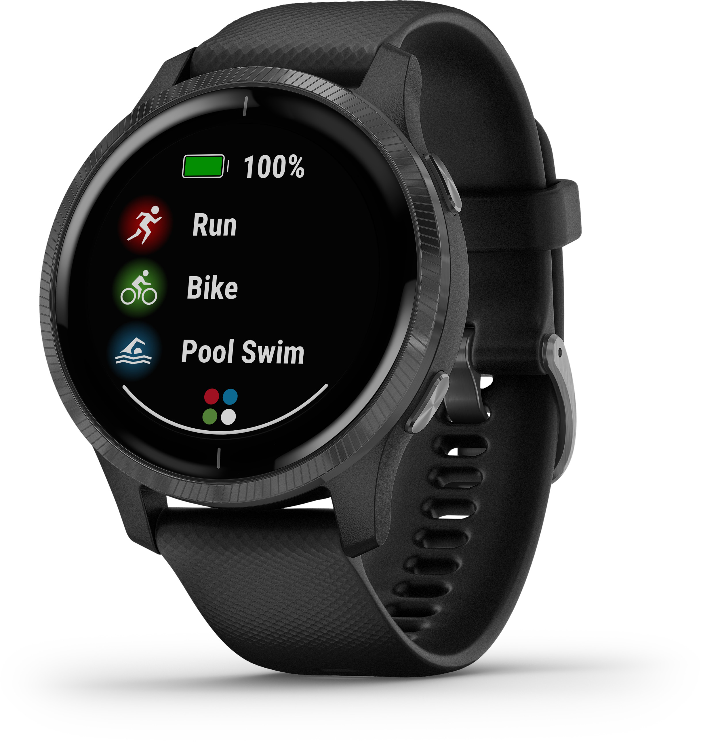 Eine schwarze Smartwatch mit digitaler Anzeige, die Lauf-, Fahrrad- und Schwimmoptionen zeigt.