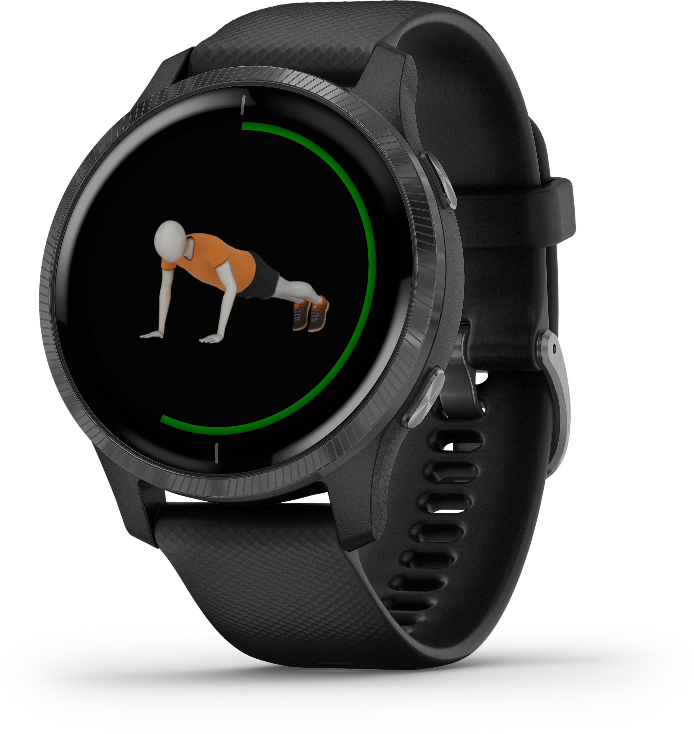 Schwarze Smartwatch mit Workout-Anzeige: Person beim Liegestütz, auf weißem Hintergrund.