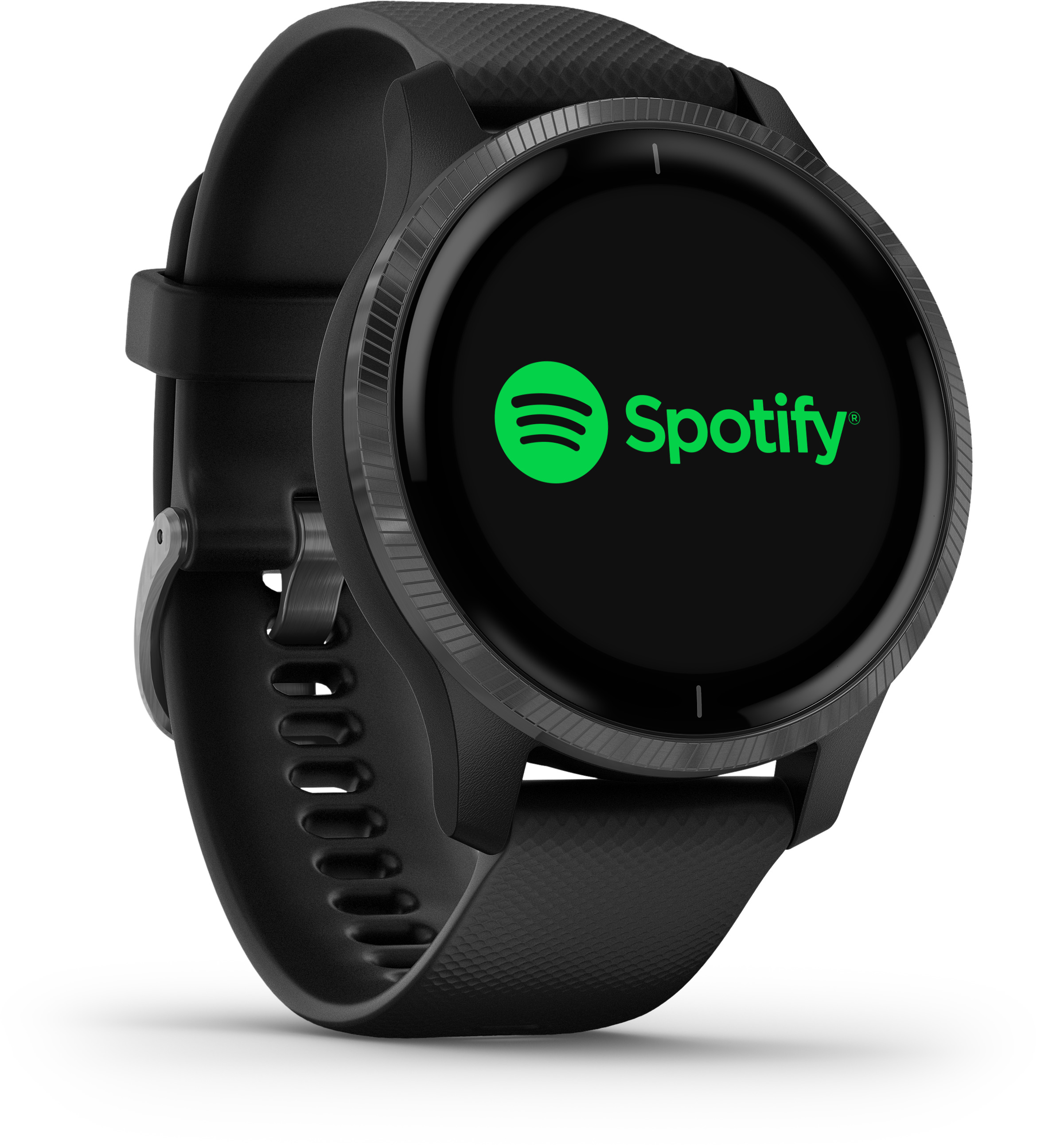 Schwarze Garmin Smartwatch mit Spotify-Logo. Die Uhr hat ein schwarzes Armband.
