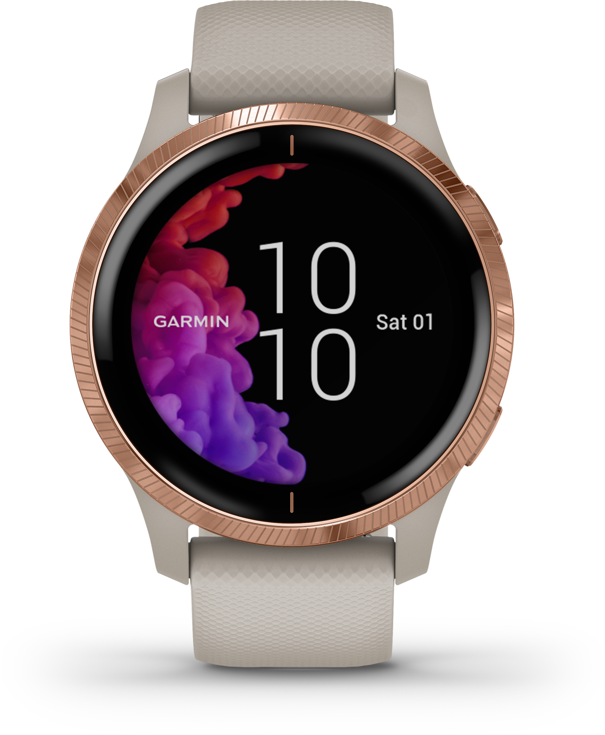 Smartwatch mit rundem, schwarzem Display. Das Zifferblatt zeigt die Uhrzeit, das Datum und ein farbenfrohes, abstraktes Design.