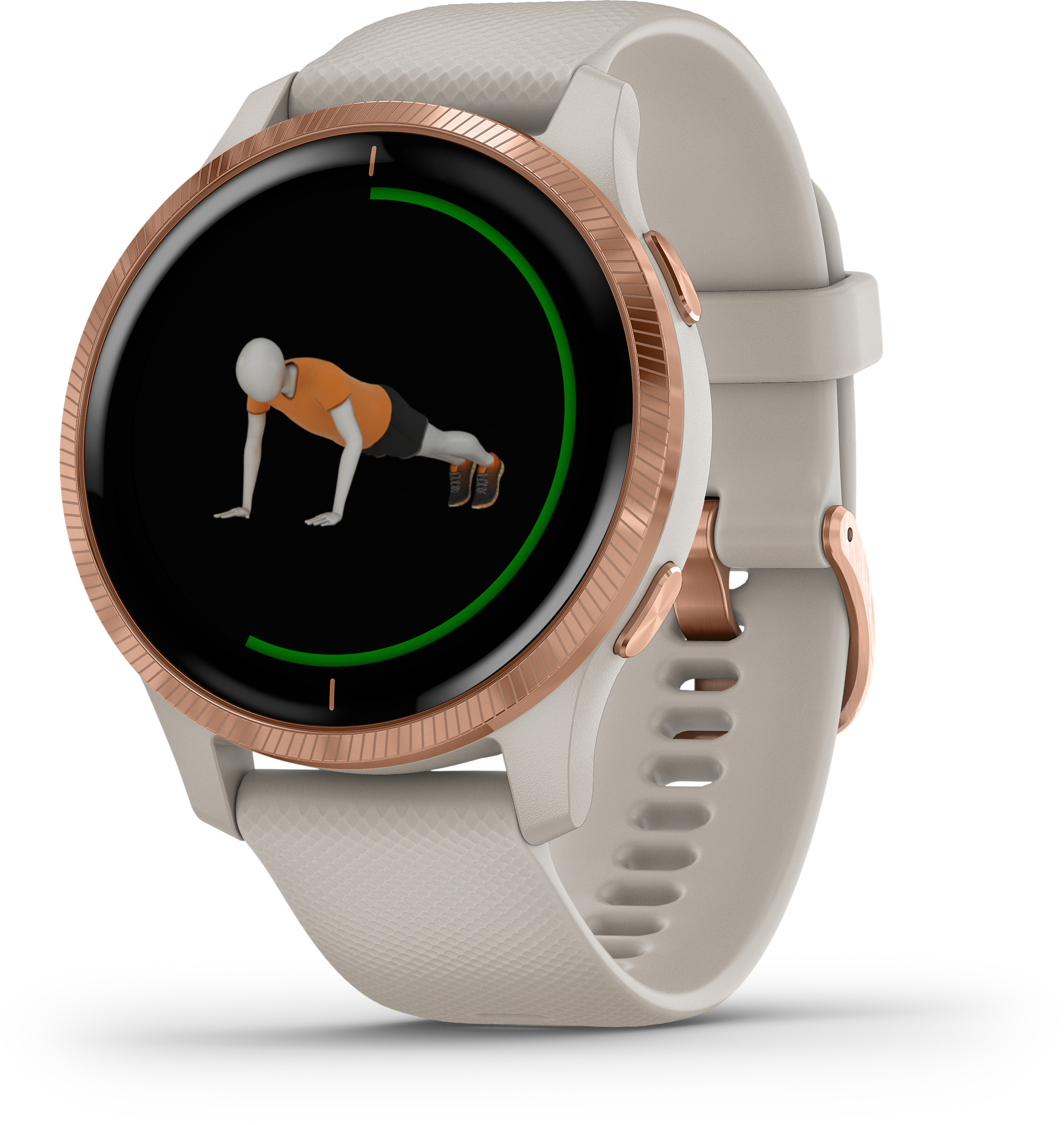 Garmin Smartwatch zeigt eine Workout-Animation. Es ist eine weiße und roségoldene Uhr.