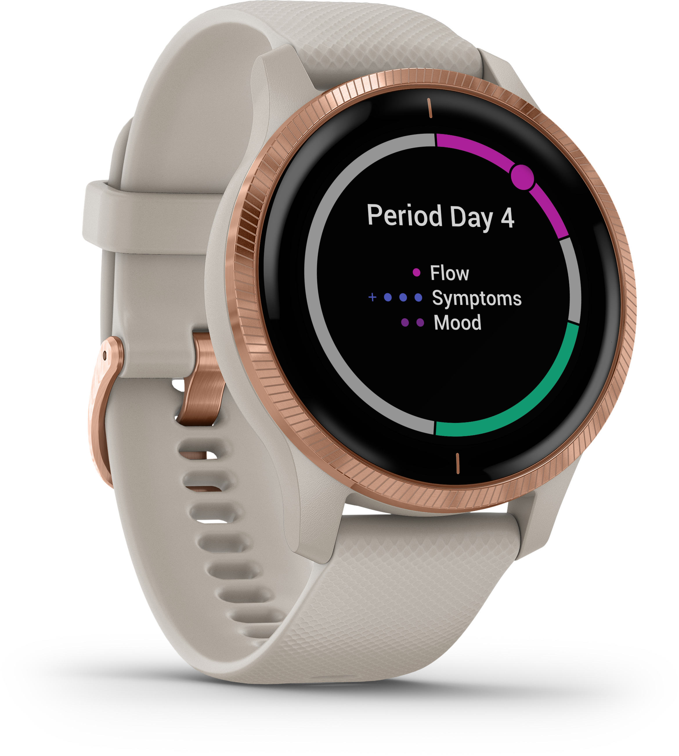 Eine Smartwatch mit rosa und grünem Display, das Menstruationszyklusinformationen anzeigt und eine roségoldfarbene Lünette hat.
