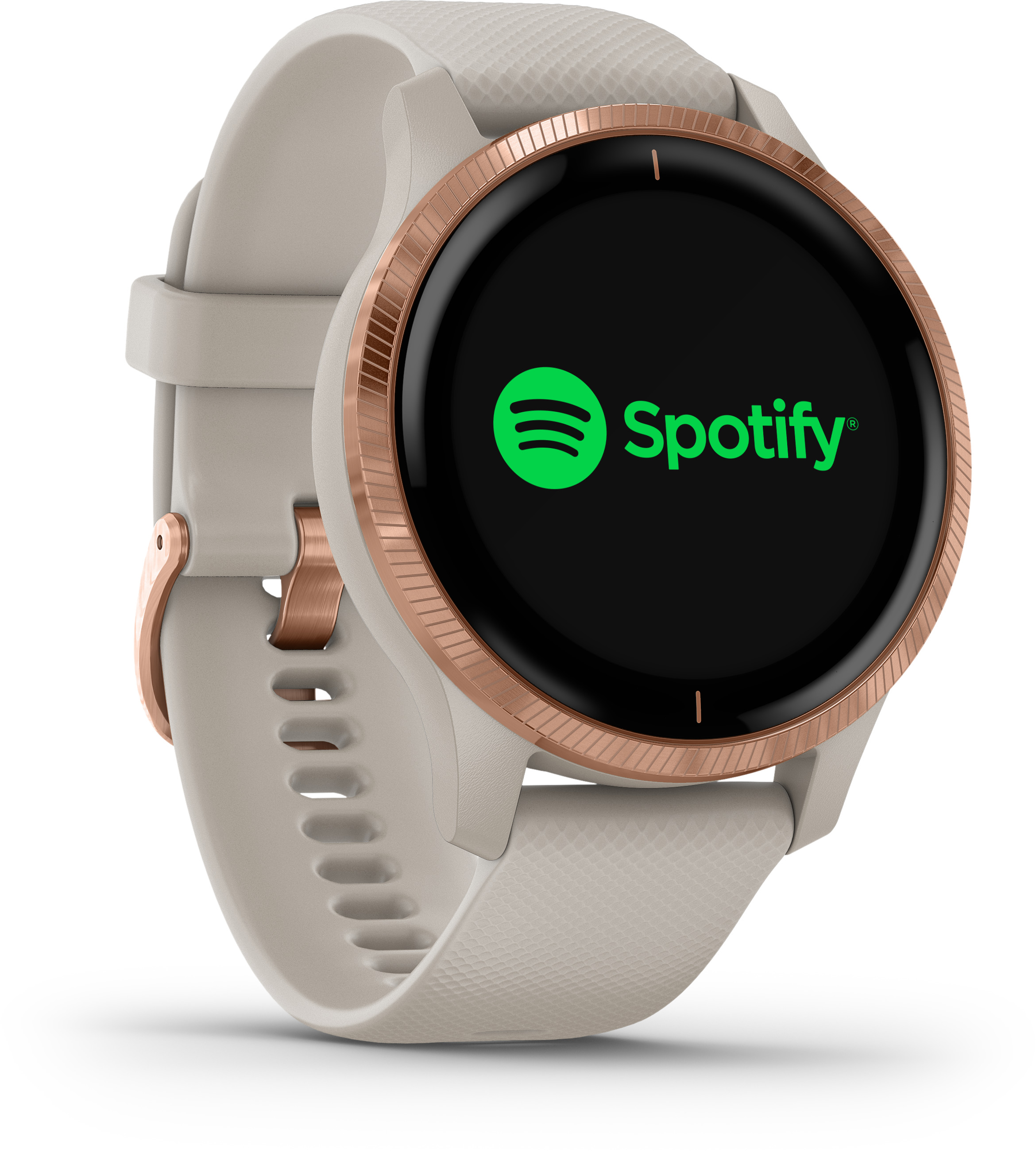 Smartwatch mit schwarzem Bildschirm, der das Spotify-Logo in Grün zeigt.