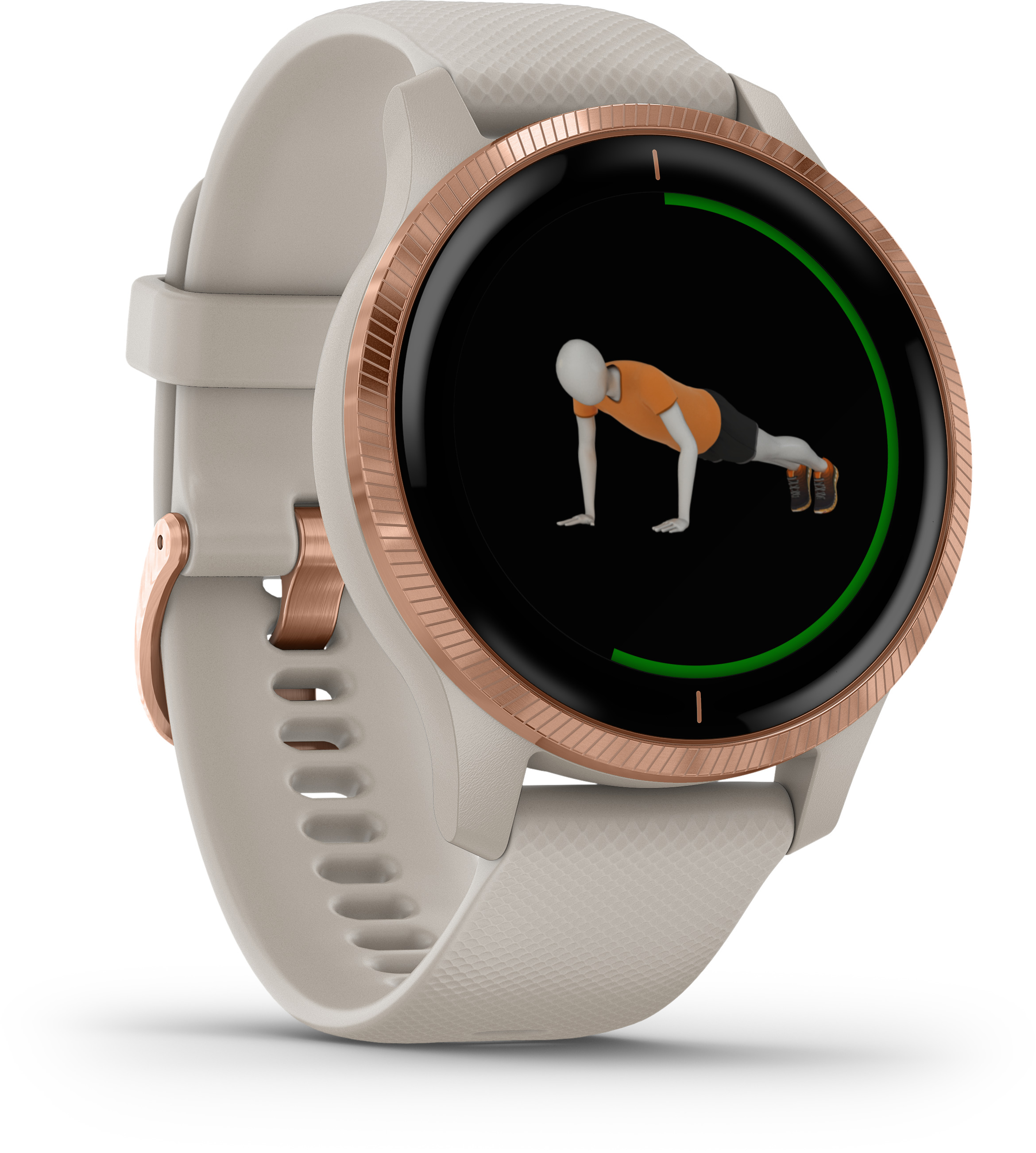 Eine Smartwatch, die eine Person beim Liegestütz zeigt, mit einem grünen Fortschrittsbalken.