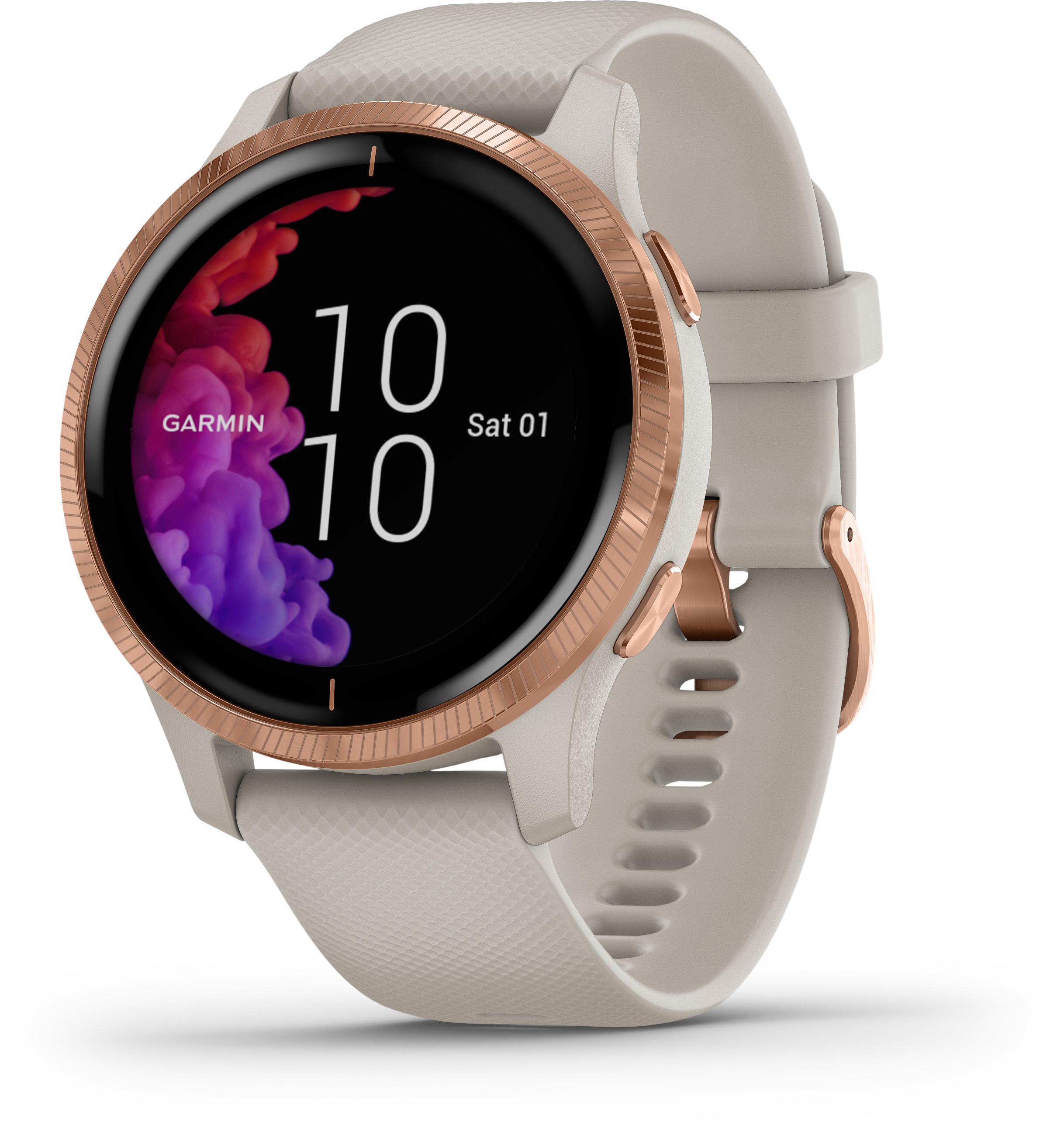 Eine Garmin Smartwatch mit weißem Armband und rundem Zifferblatt mit Uhrzeit und Datum.
