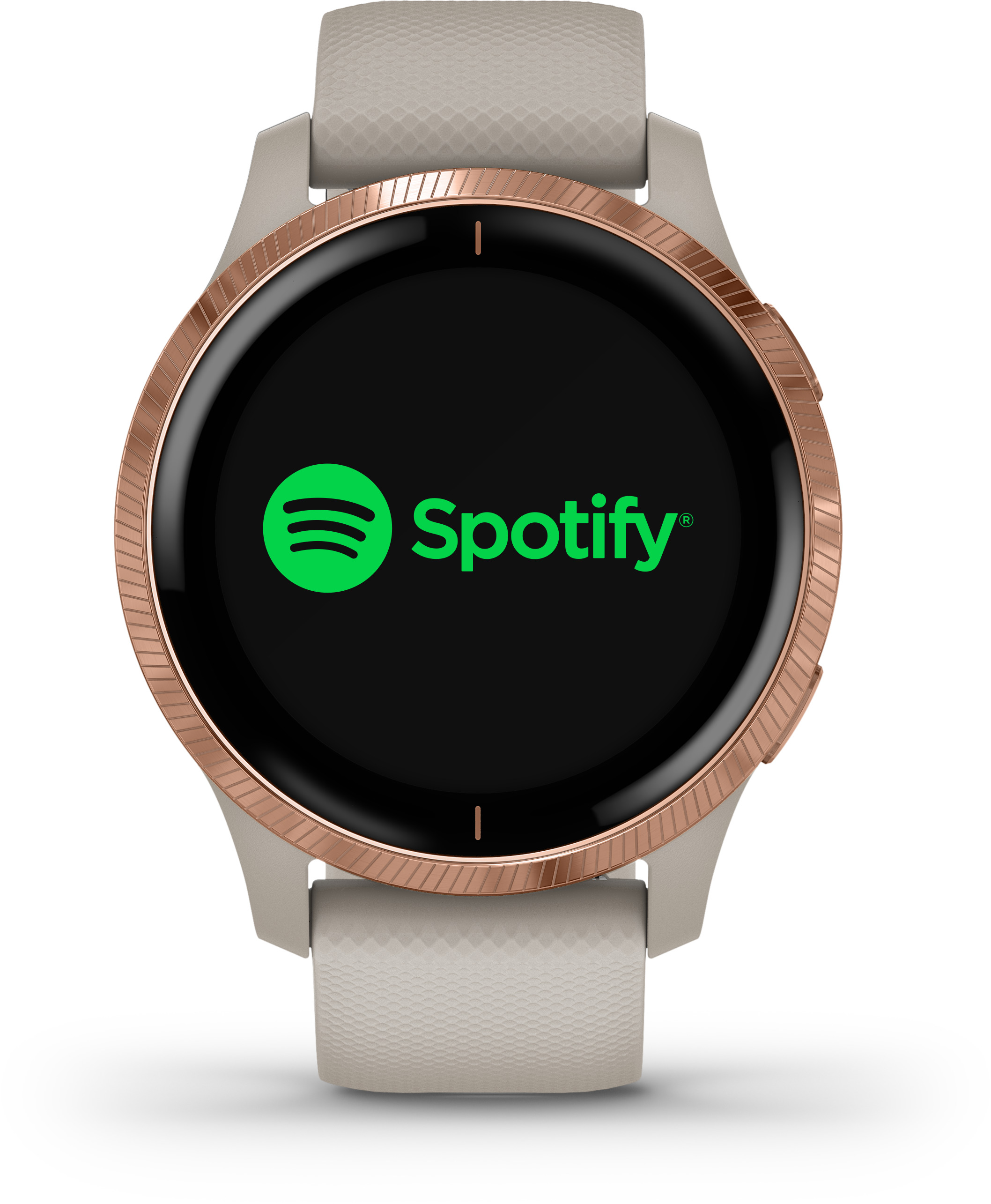 Eine goldene Garmin-Smartwatch zeigt das Spotify-Logo an. Die Uhr hat ein beiges Armband.