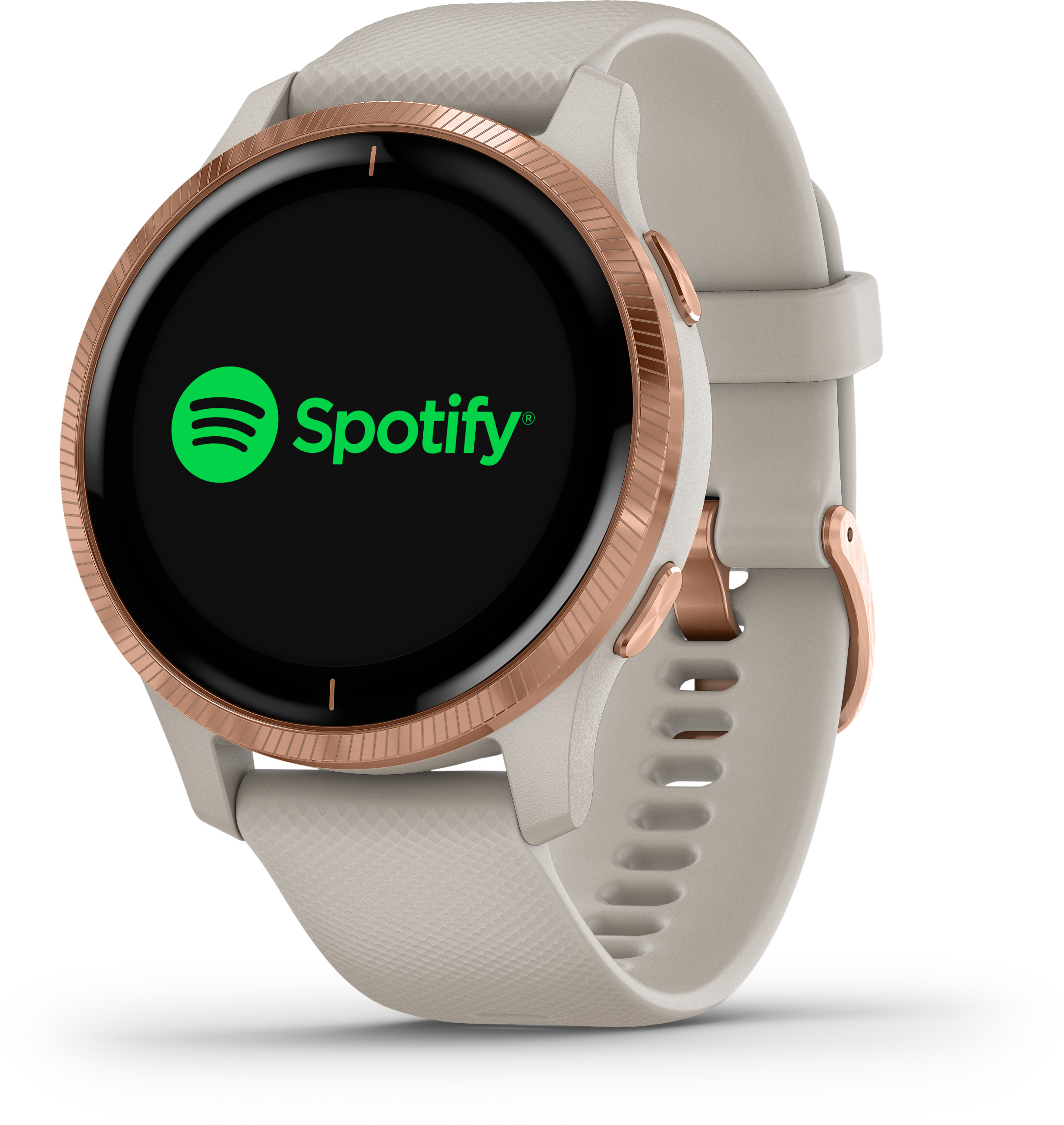 Eine Smartwatch mit rundem Zifferblatt zeigt das Spotify-Logo. Die Uhr hat einen goldenen Rand und ein weißes Armband.
