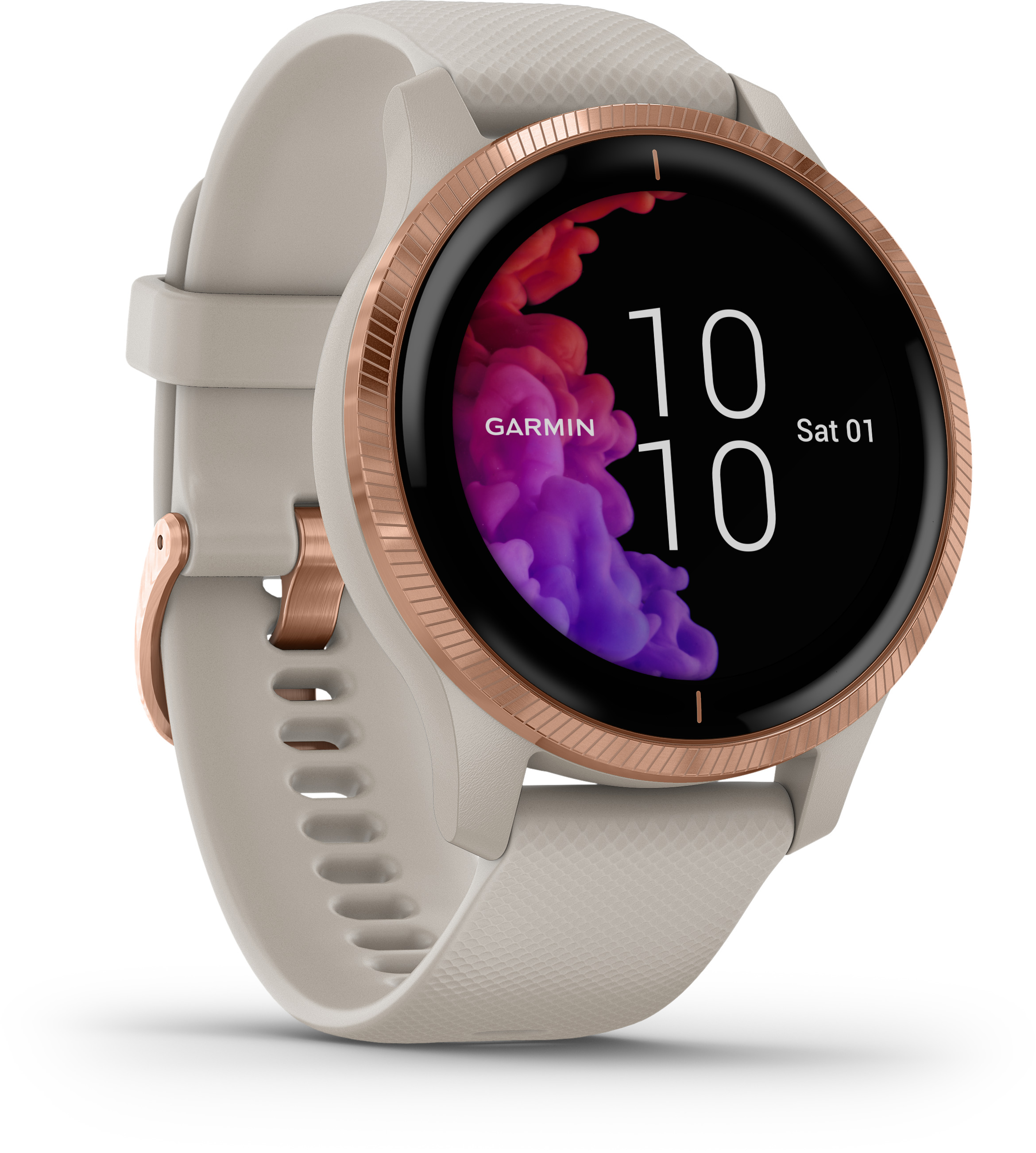 Weiße Smartwatch mit roségoldfarbener Lünette, zeigt Menstruationsdaten an.