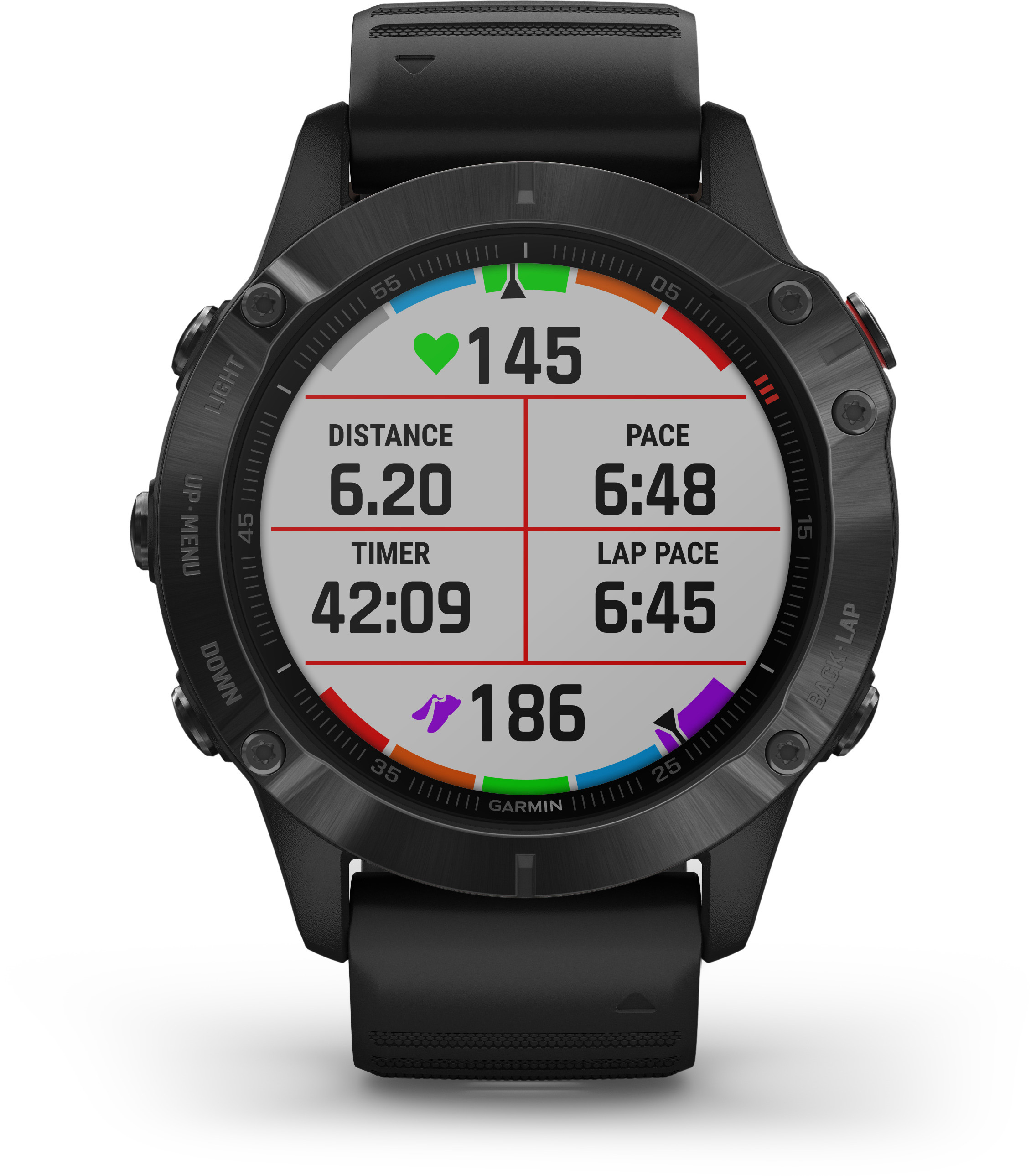 Eine schwarze Garmin-Uhr, die Laufdaten anzeigt: Distanz, Tempo, Zeit und Herzfrequenz.