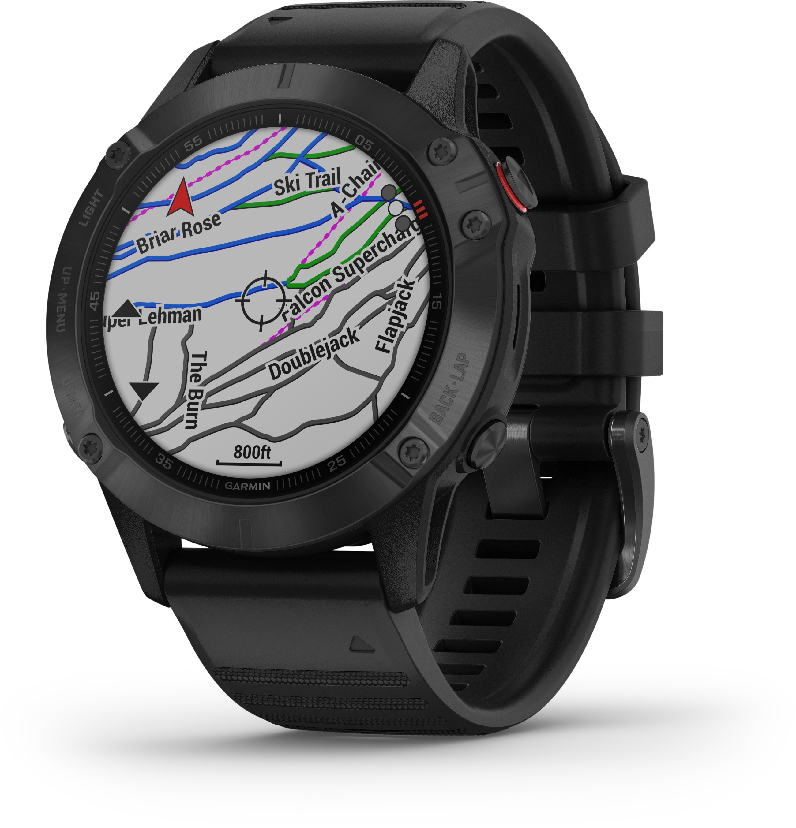 Schwarze Garmin-Uhr mit Karte, Skipiste und Text. Schwarzes Armband.