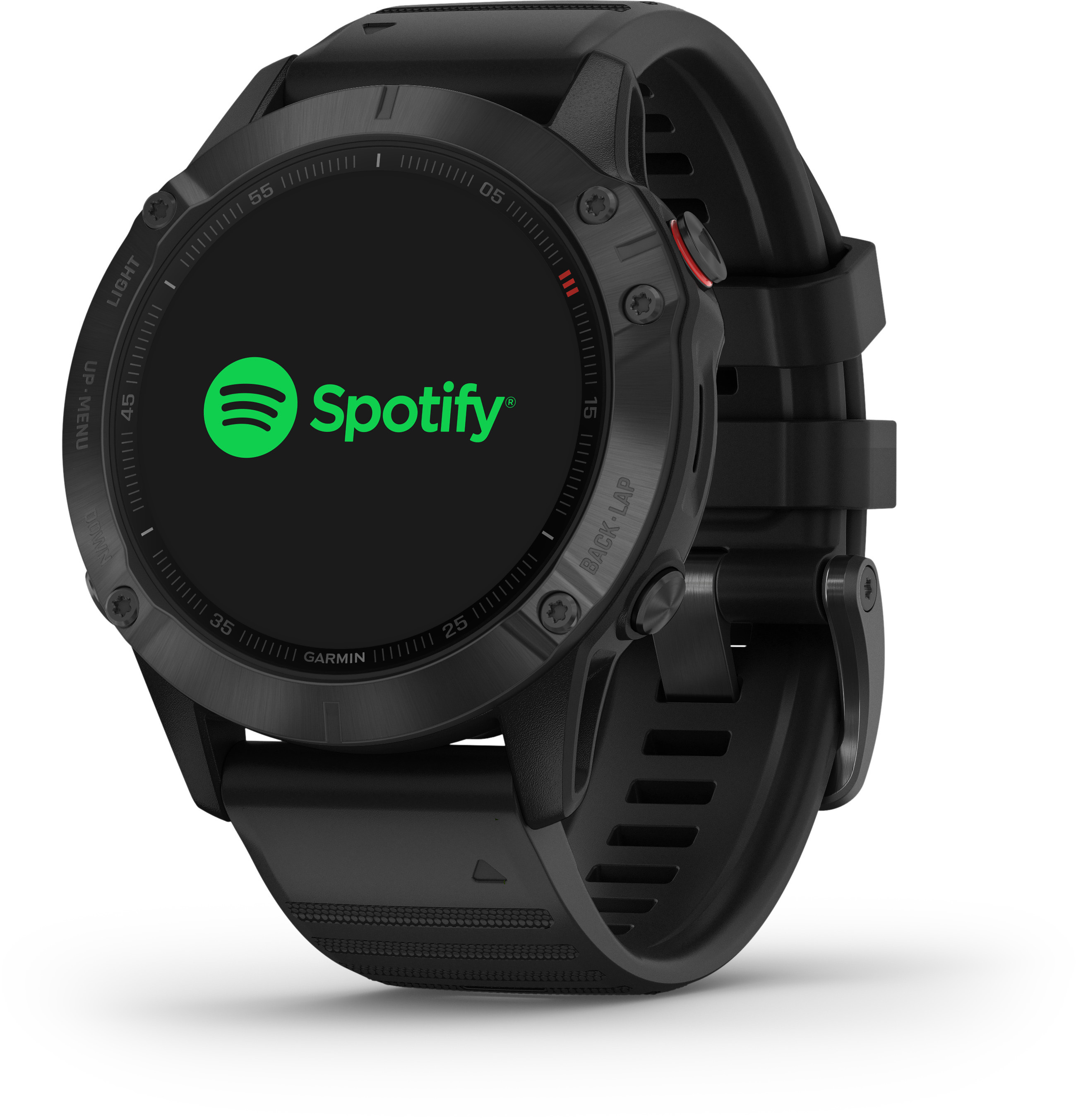 Schwarze Garmin-Uhr mit Spotify-Logo auf dem Bildschirm. Schwarzes Armband, weißer Hintergrund.