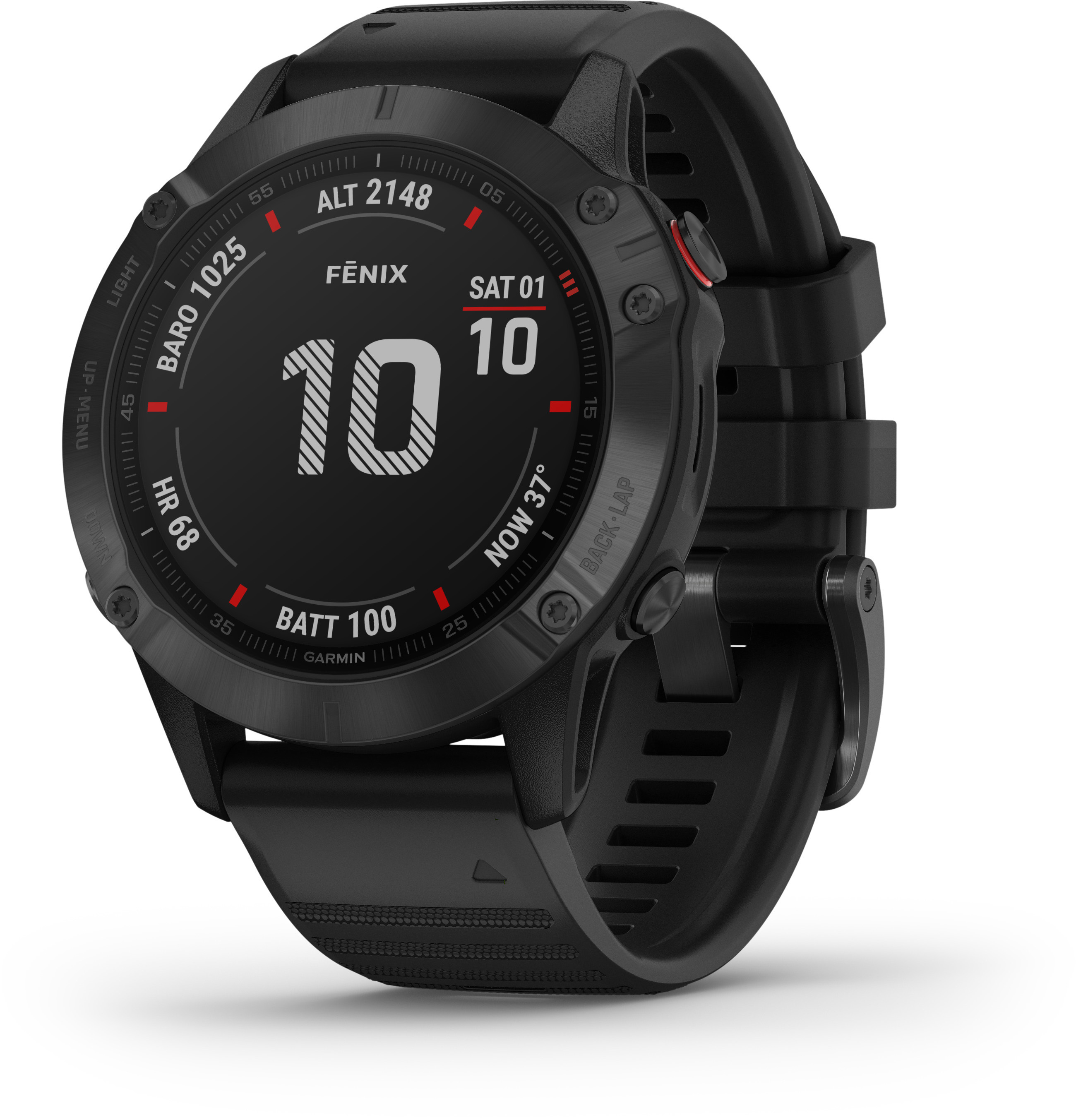Schwarze Garmin Fenix Smartwatch mit angezeigter Uhrzeit und Akkustand.