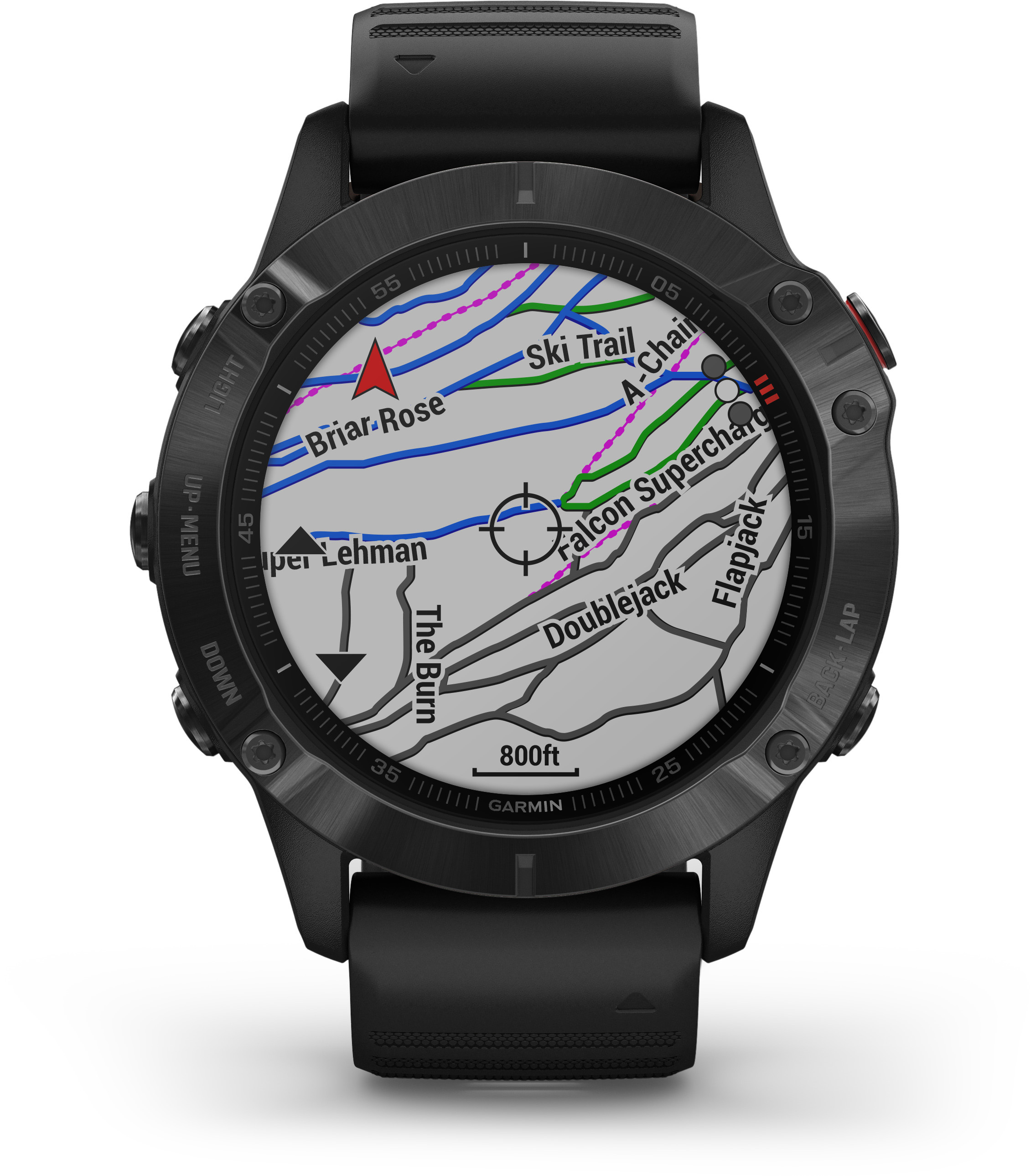 Schwarze Garmin-Uhr, zeigt eine Karte von Skipisten, mit dem Wort Garmin unten.