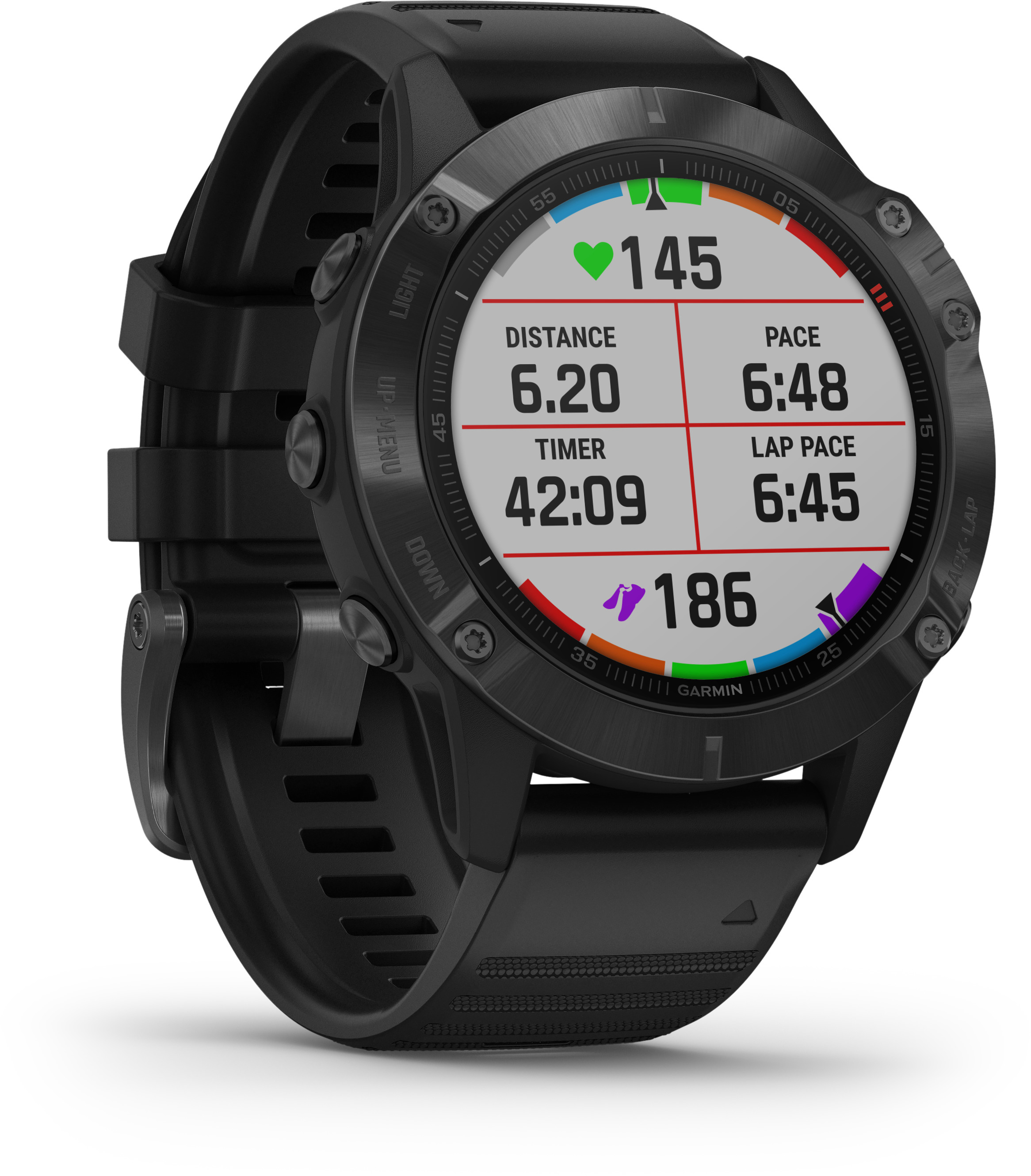 Eine schwarze Garmin Smartwatch mit Laufmetriken: Herzfrequenz, Distanz, Tempo, Timer und Runden-Tempo.