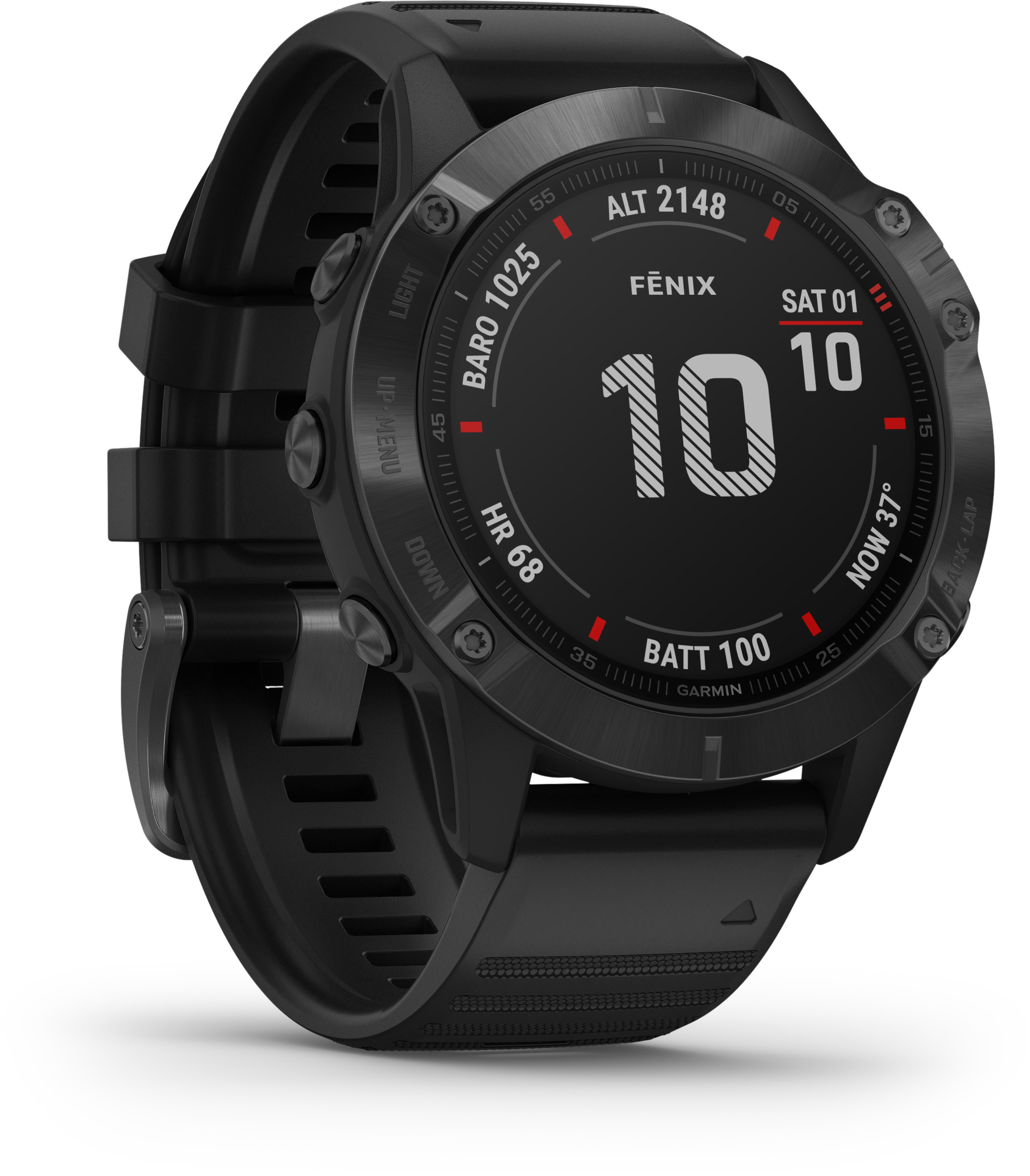 Schwarze Smartwatch mit rundem Display, das '10' auf schwarzem Hintergrund zeigt. Schwarzes Armband.