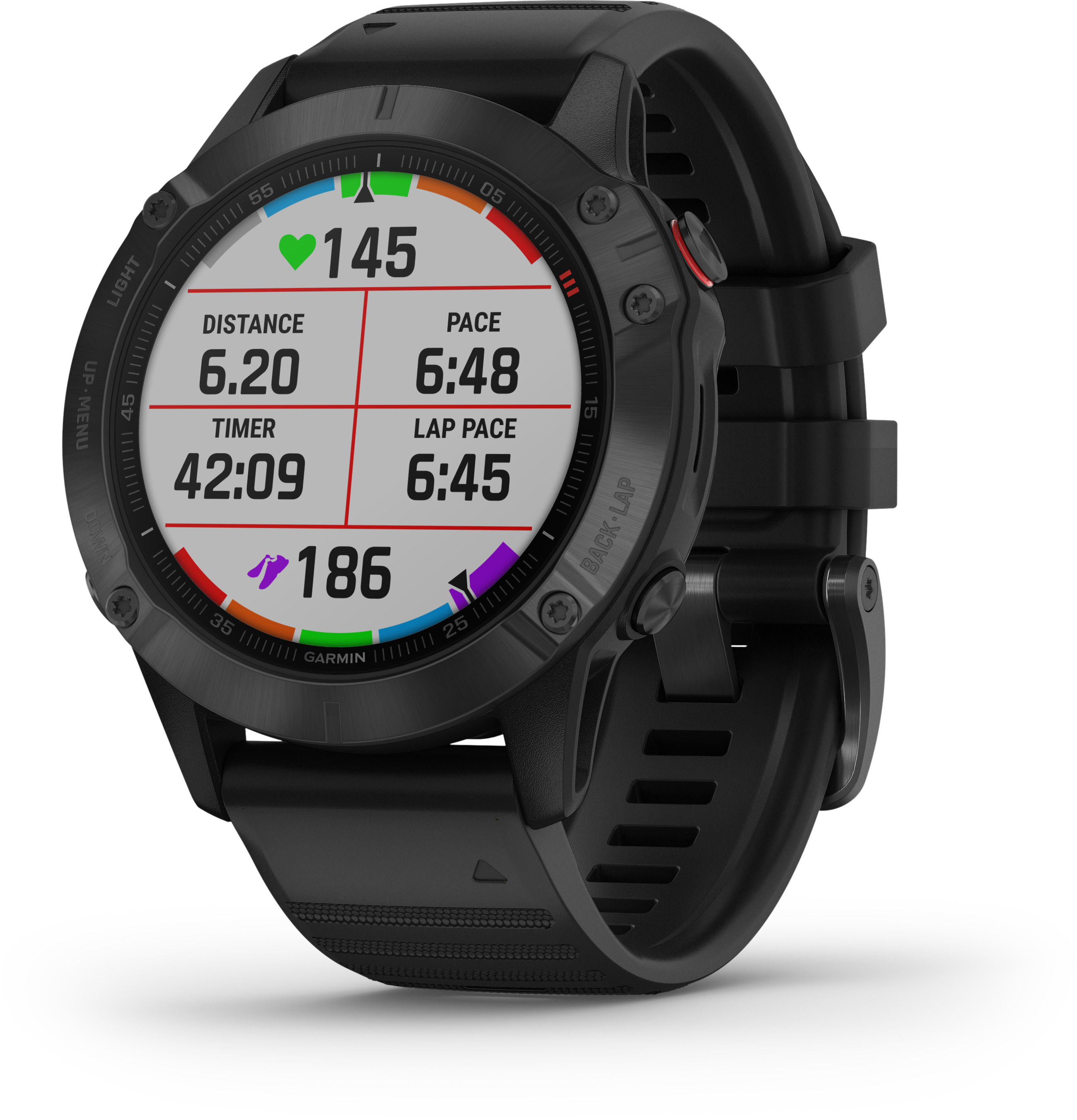 Eine schwarze Garmin Smartwatch mit Fitnessdaten: Herzfrequenz, Distanz, Tempo, Timer und Rundenpace.