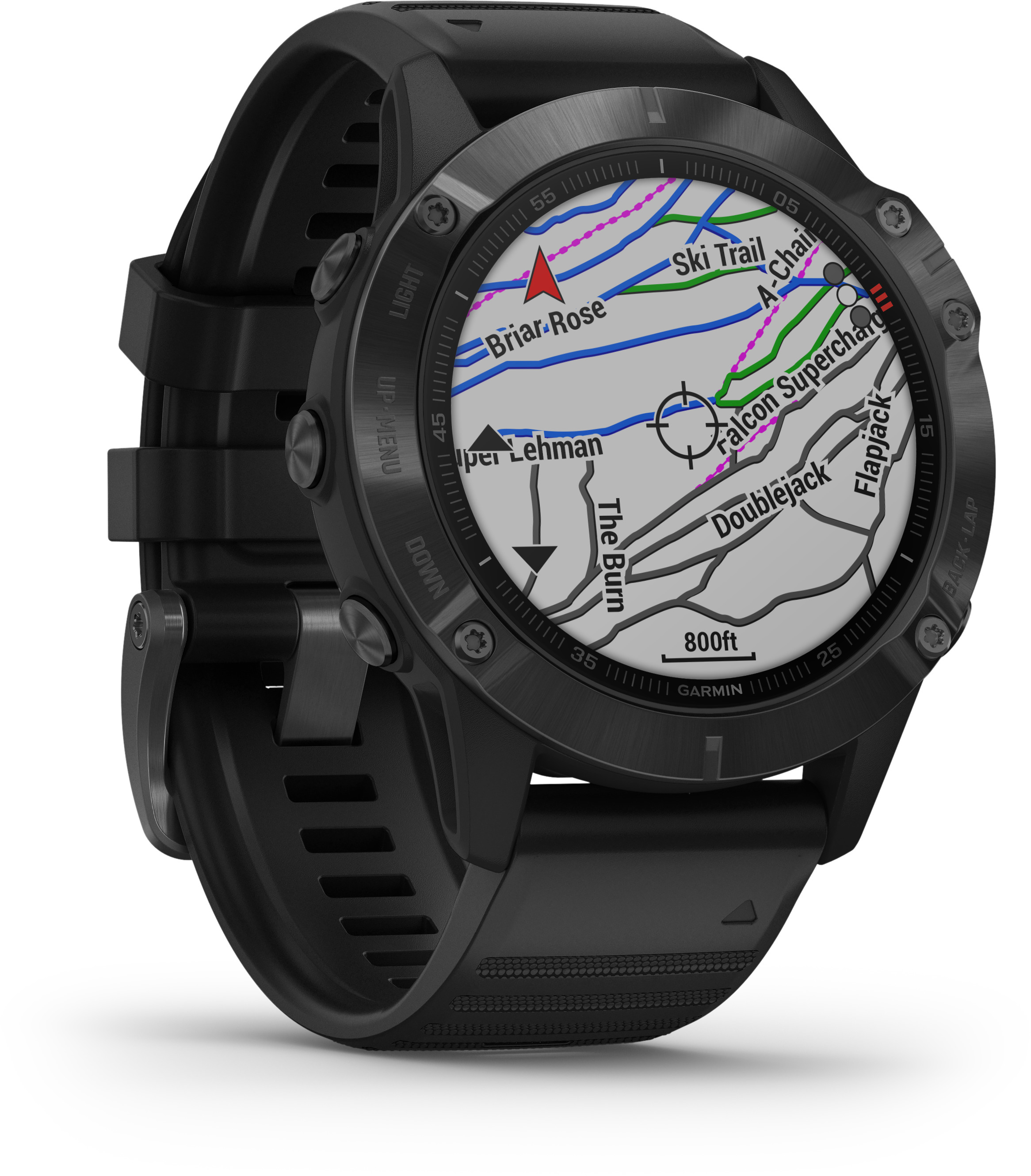 Schwarze Garmin Smartwatch mit Kartenanzeige. Die Uhr hat ein schwarzes Armband.