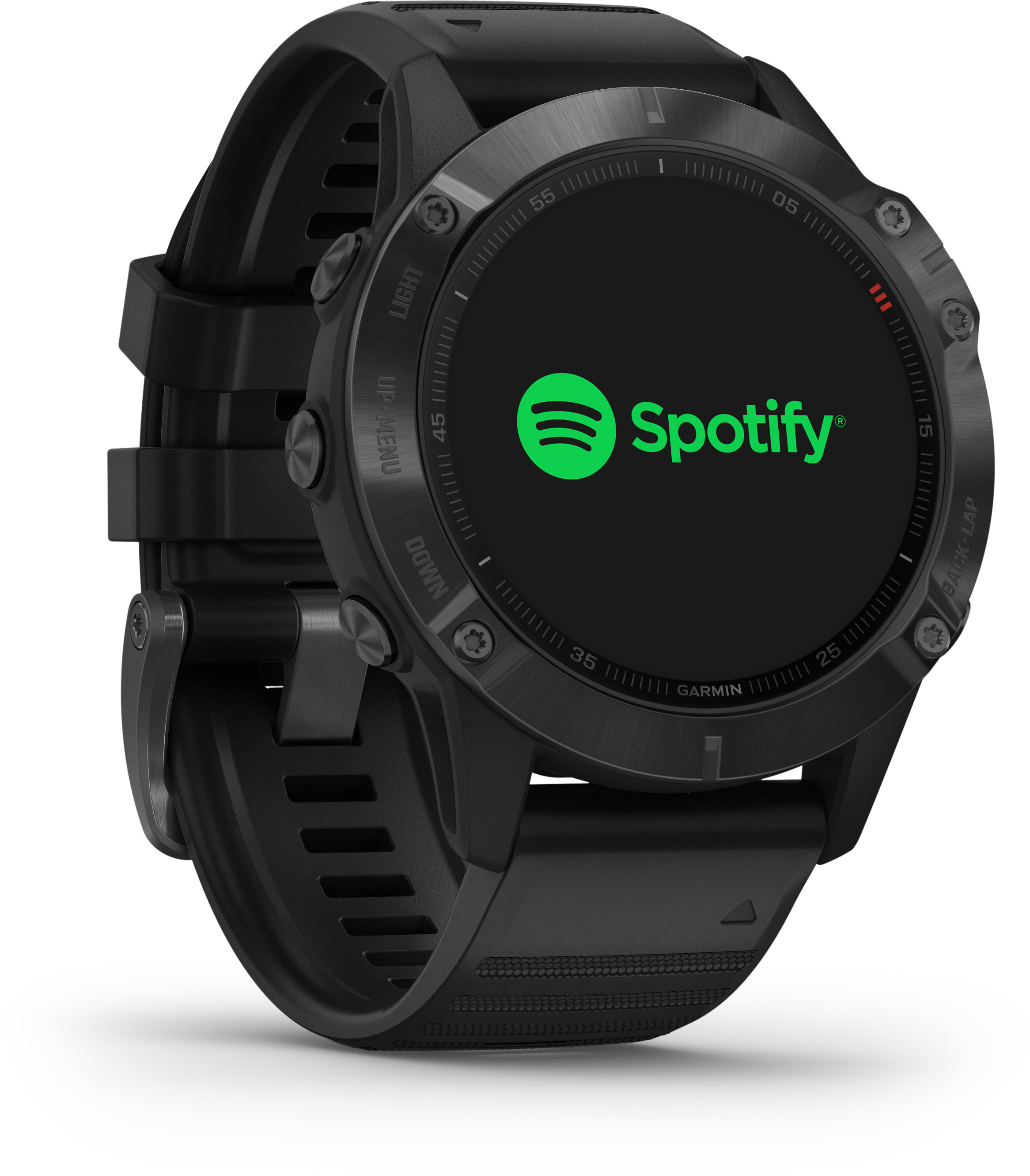 Schwarze Garmin-Uhr mit Spotify-Logo auf dem Bildschirm. Schwarzes Armband. Weißer Hintergrund.
