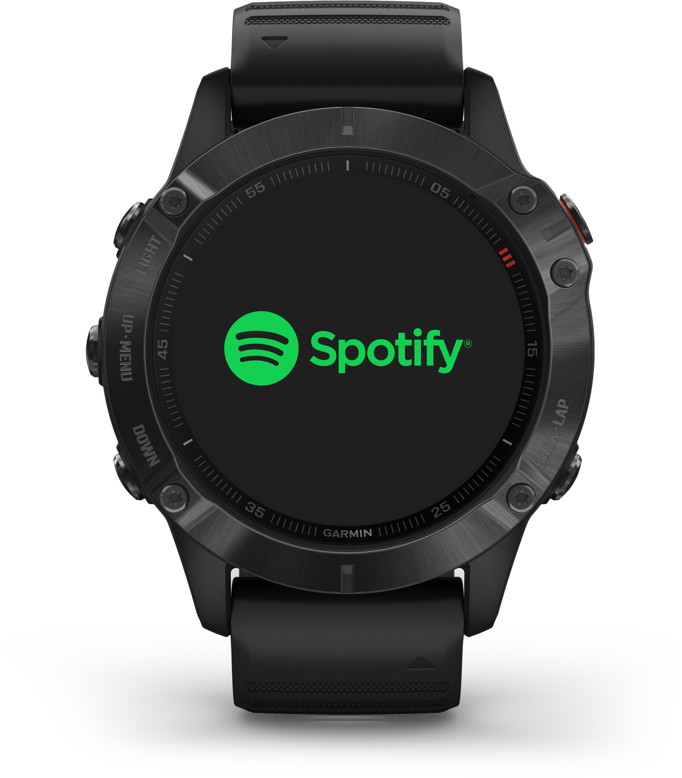 Garmin Smartwatch mit Spotify-Oberfläche auf dem Bildschirm, schwarze Uhr mit schwarzem Armband.