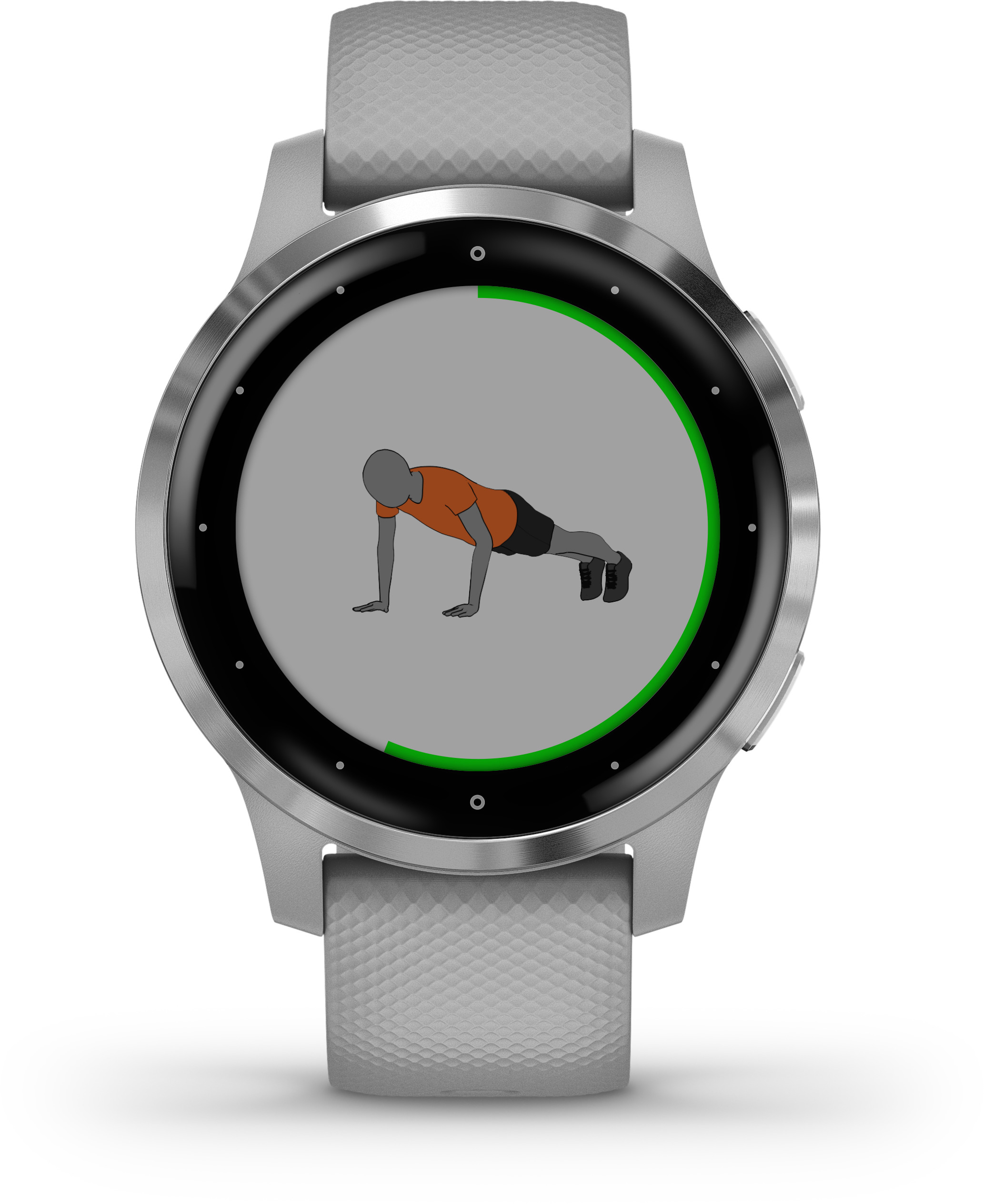 Silberne Fitnessuhr mit Push-up-Animation auf dem Bildschirm.