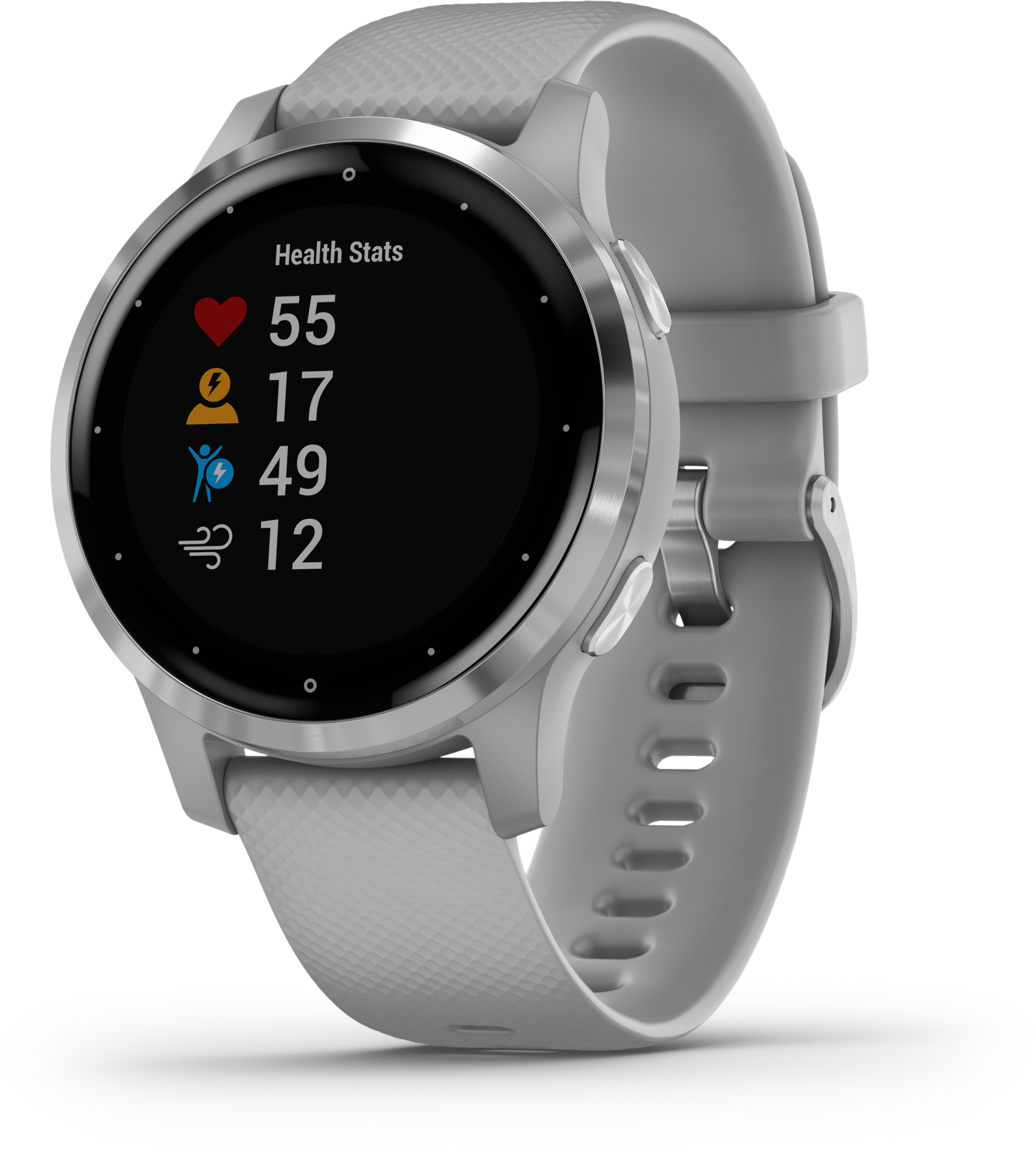 Silberne Smartwatch, zeigt Gesundheitsdaten: Herz-, Blitz-, Personen- und Wind-Symbole.