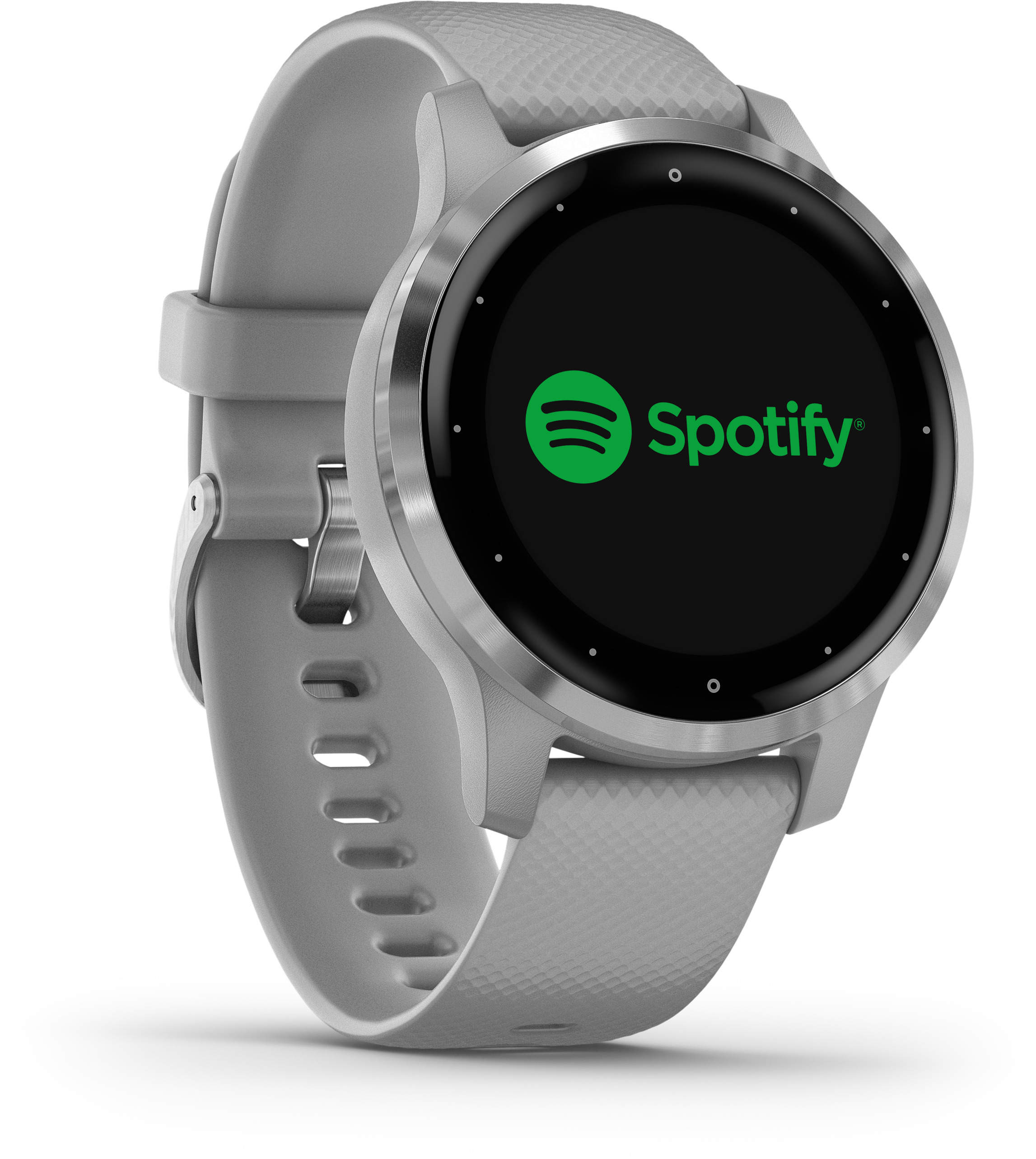 Eine graue Smartwatch zeigt ein Spotify-Logo auf einem schwarzen Bildschirm.