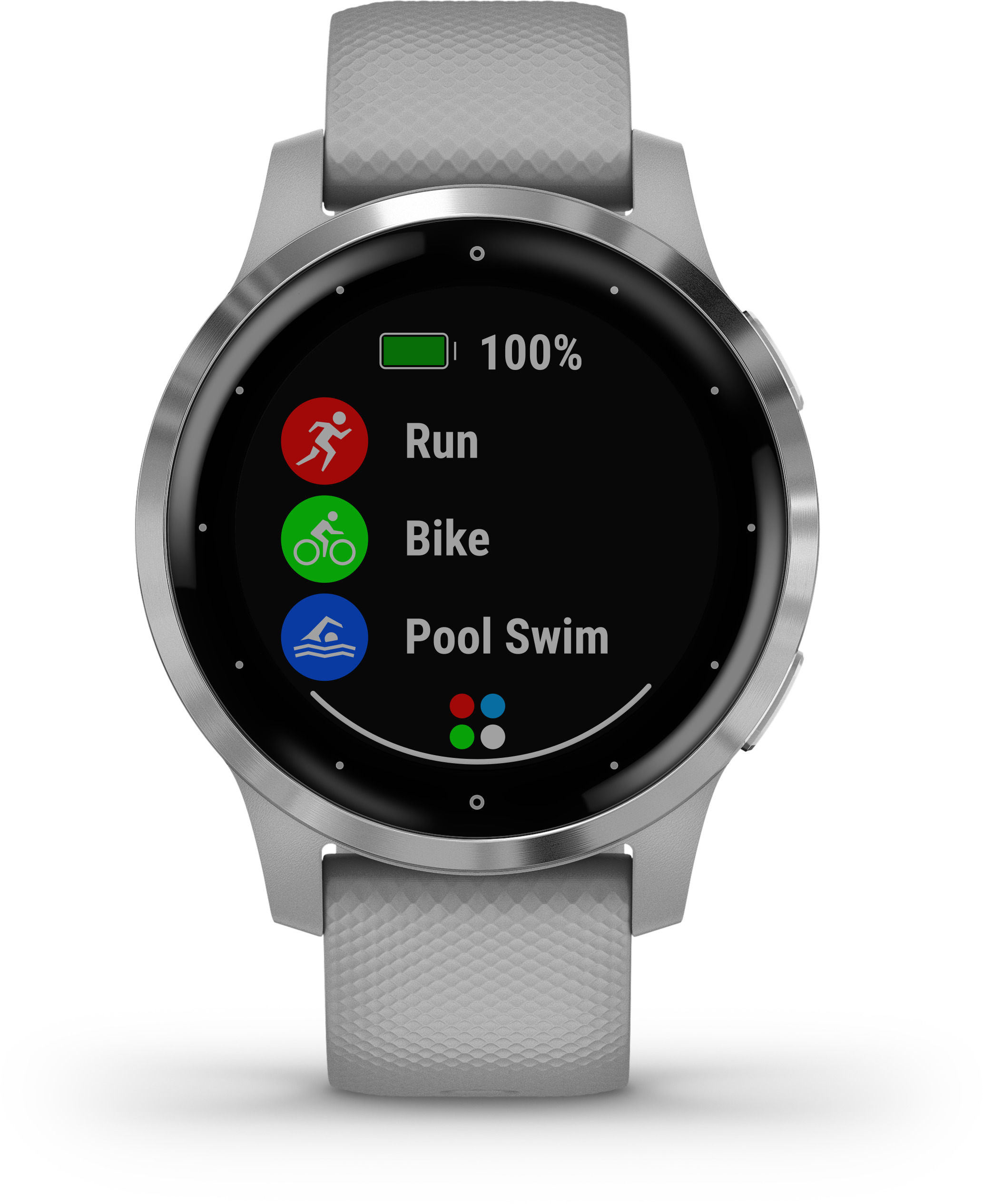 Garmin Smartwatch mit Lauf-, Fahrrad- und Schwimm-Symbolen auf dem Bildschirm, mit silbernem Armband und schwarzem Bildschirm.