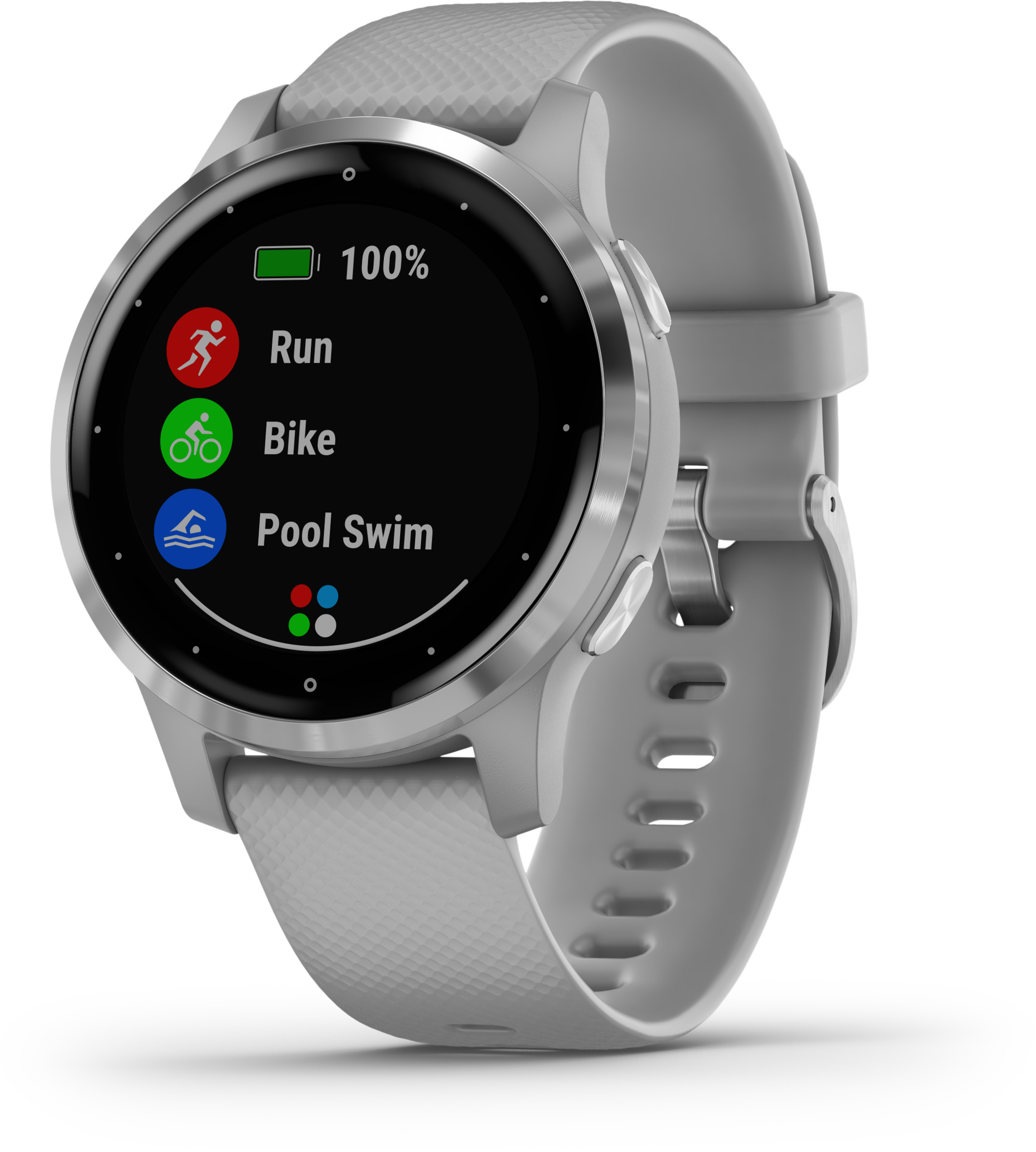 Eine graue Garmin Smartwatch, die Symbole für Laufen, Fahrrad und Schwimmen im Pool anzeigt.