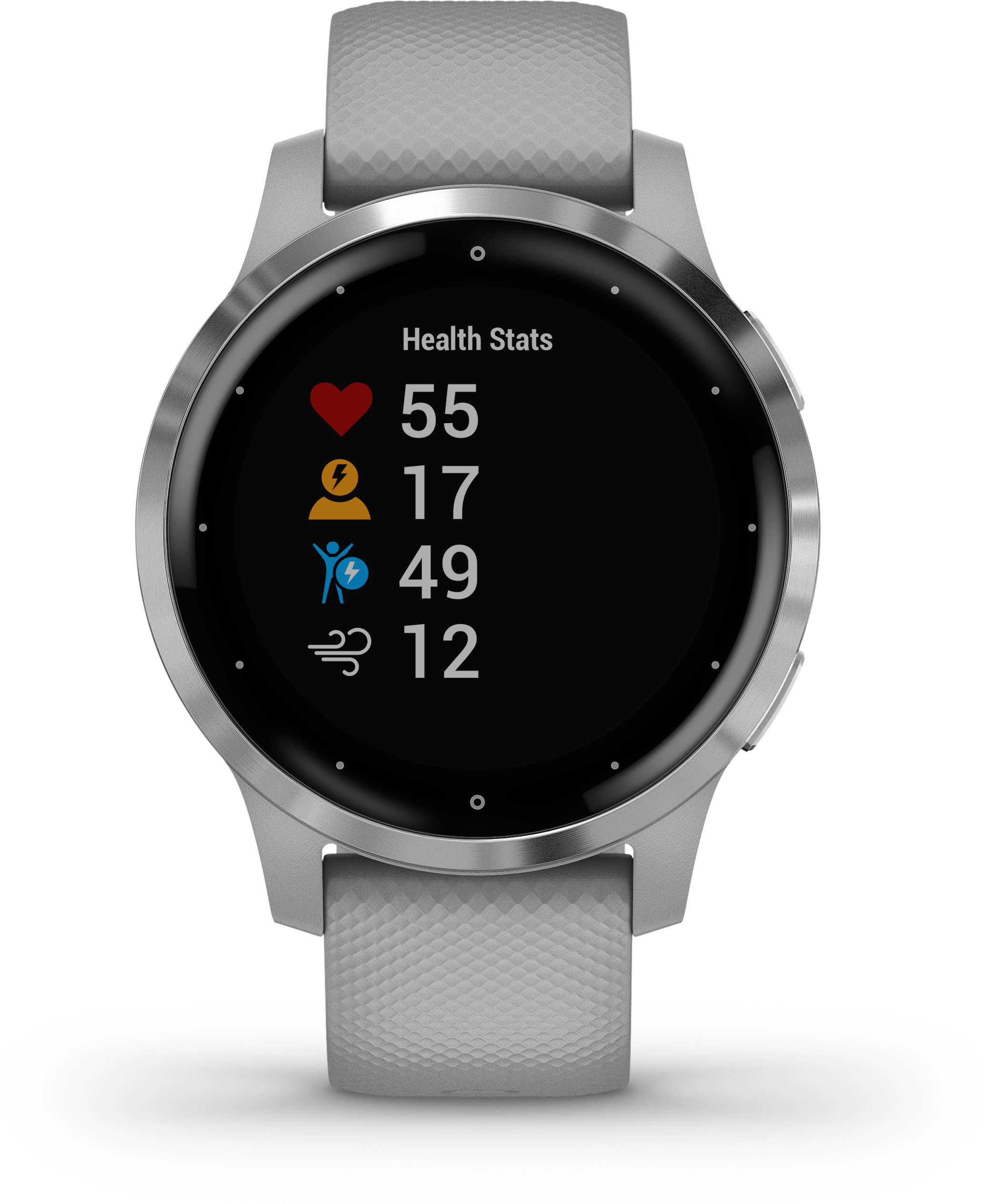 Silberne Garmin Smartwatch mit Gesundheitsdaten auf dem Bildschirm.