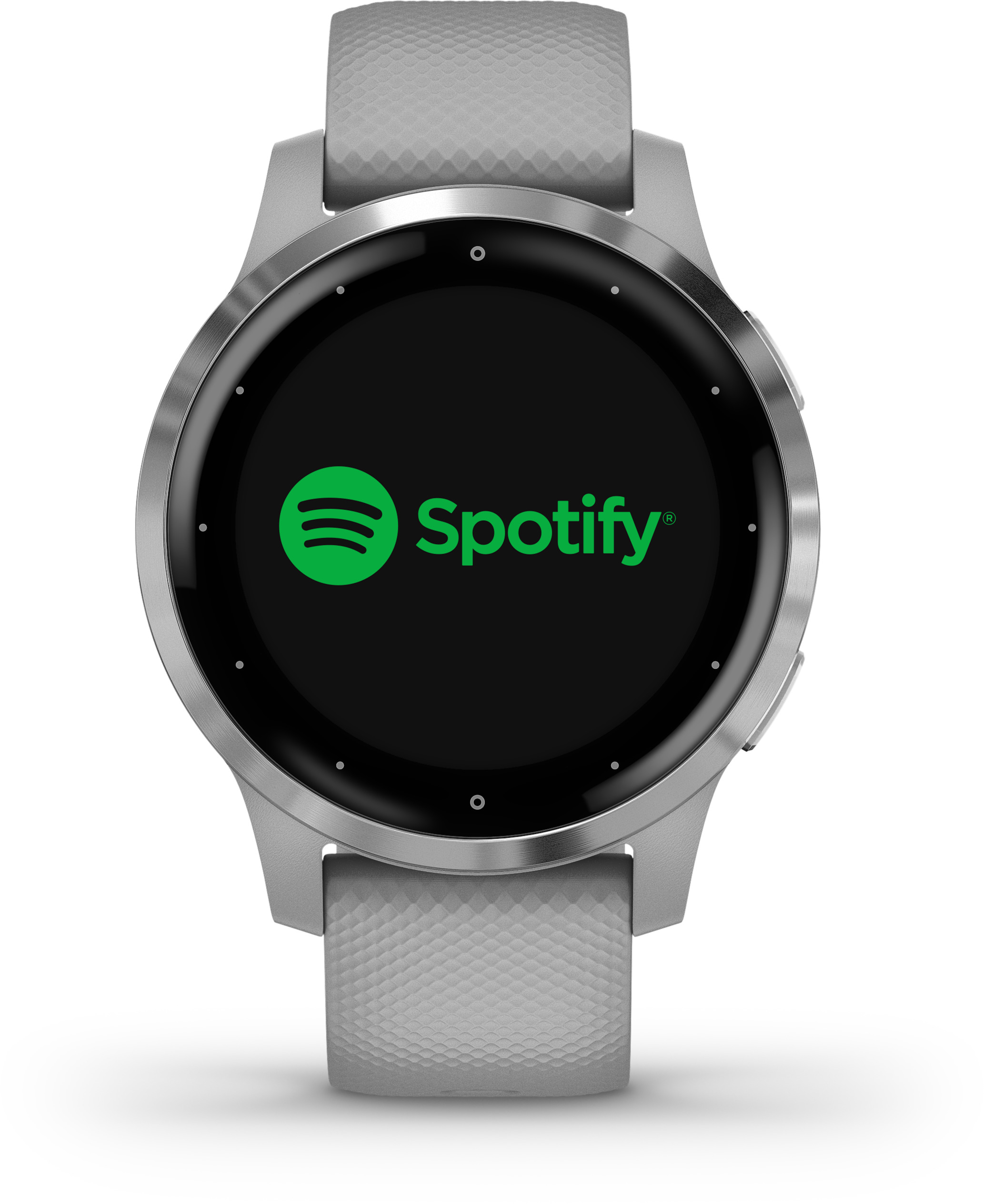 Silberne Garmin-Uhr mit schwarzem Bildschirm, der das Spotify-Logo anzeigt.
