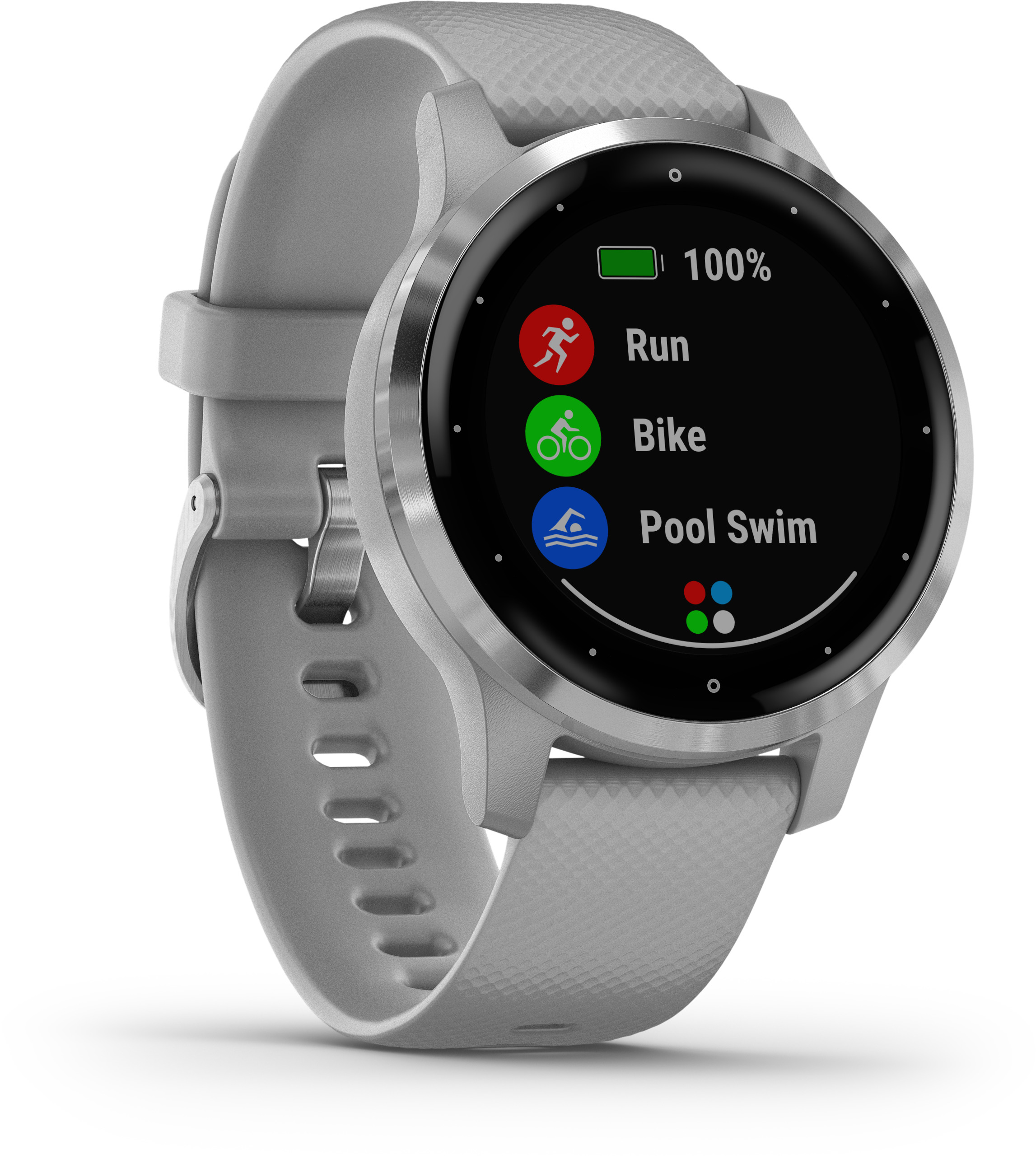 Graue Garmin Smartwatch. Anzeige zeigt Run, Bike, Pool Swim und Batteriestand.