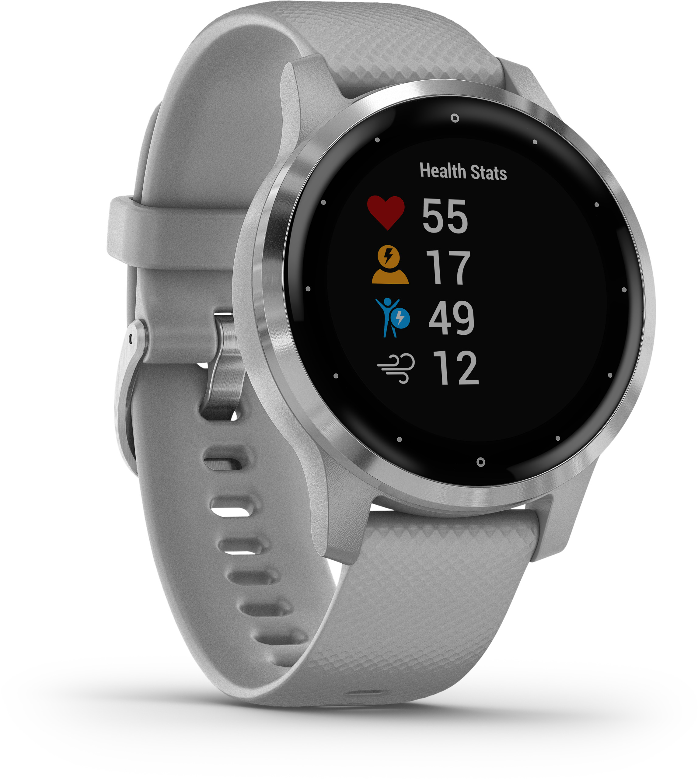 Hellgraue Smartwatch mit schwarzem Bildschirm mit Gesundheitsdaten.