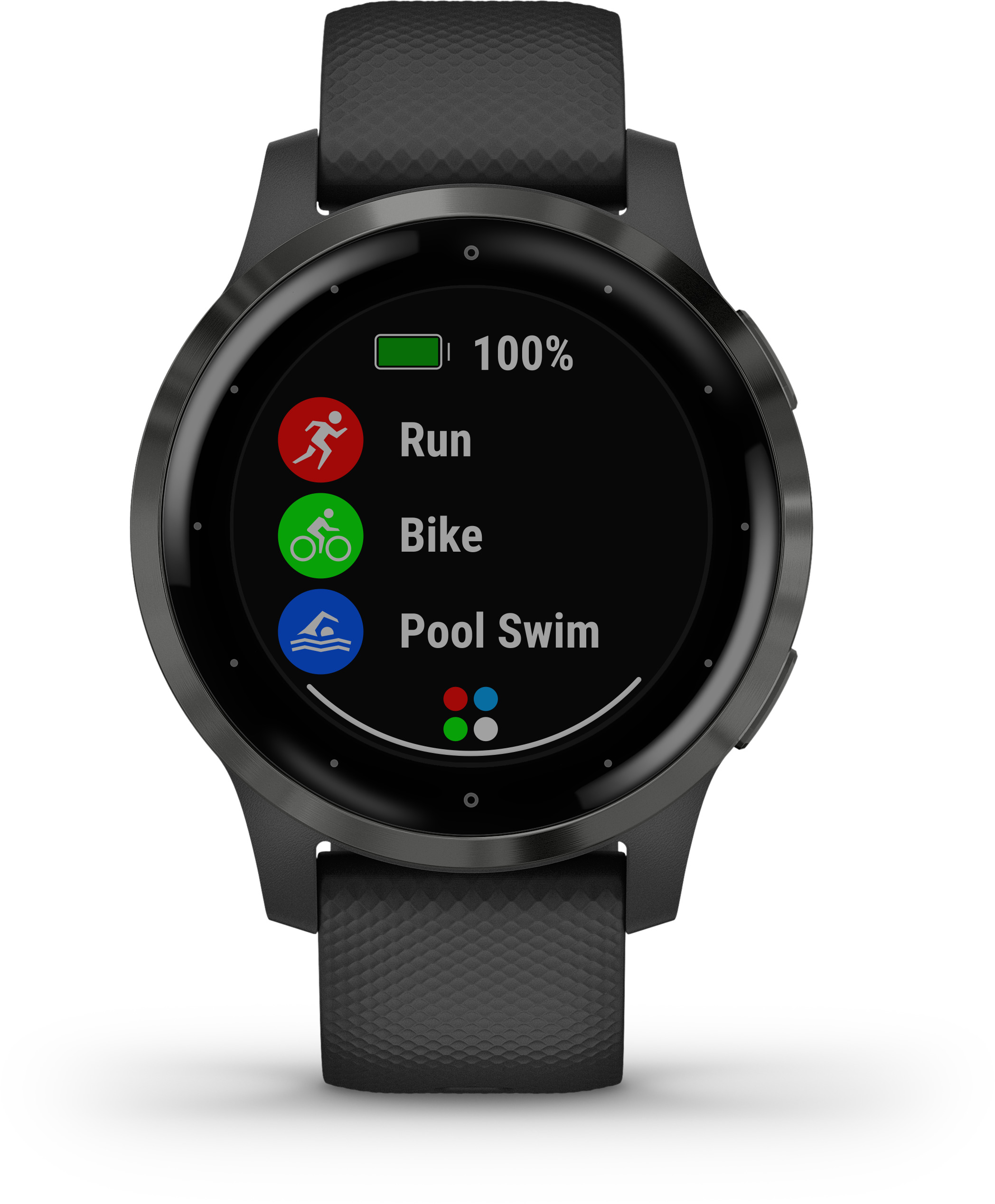 Smartwatch-Oberfläche: Laufen, Fahrrad, Schwimmen im Pool-Symbole und 100% Akku. Schwarze Uhr, weißer Hintergrund.
