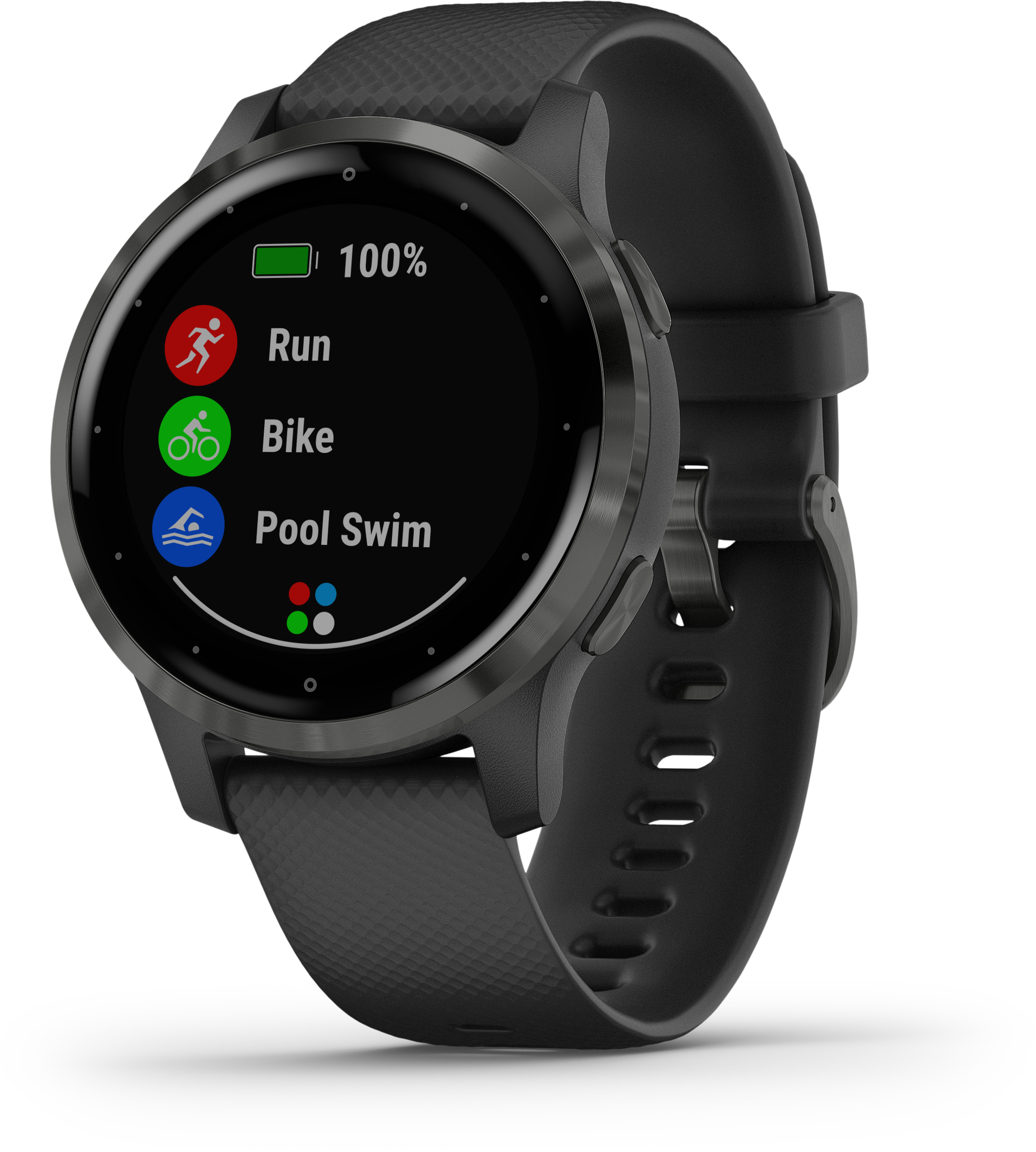 Eine schwarze Garmin Smartwatch mit Lauf-, Fahrrad- und Schwimm-Symbolen auf dem Bildschirm.