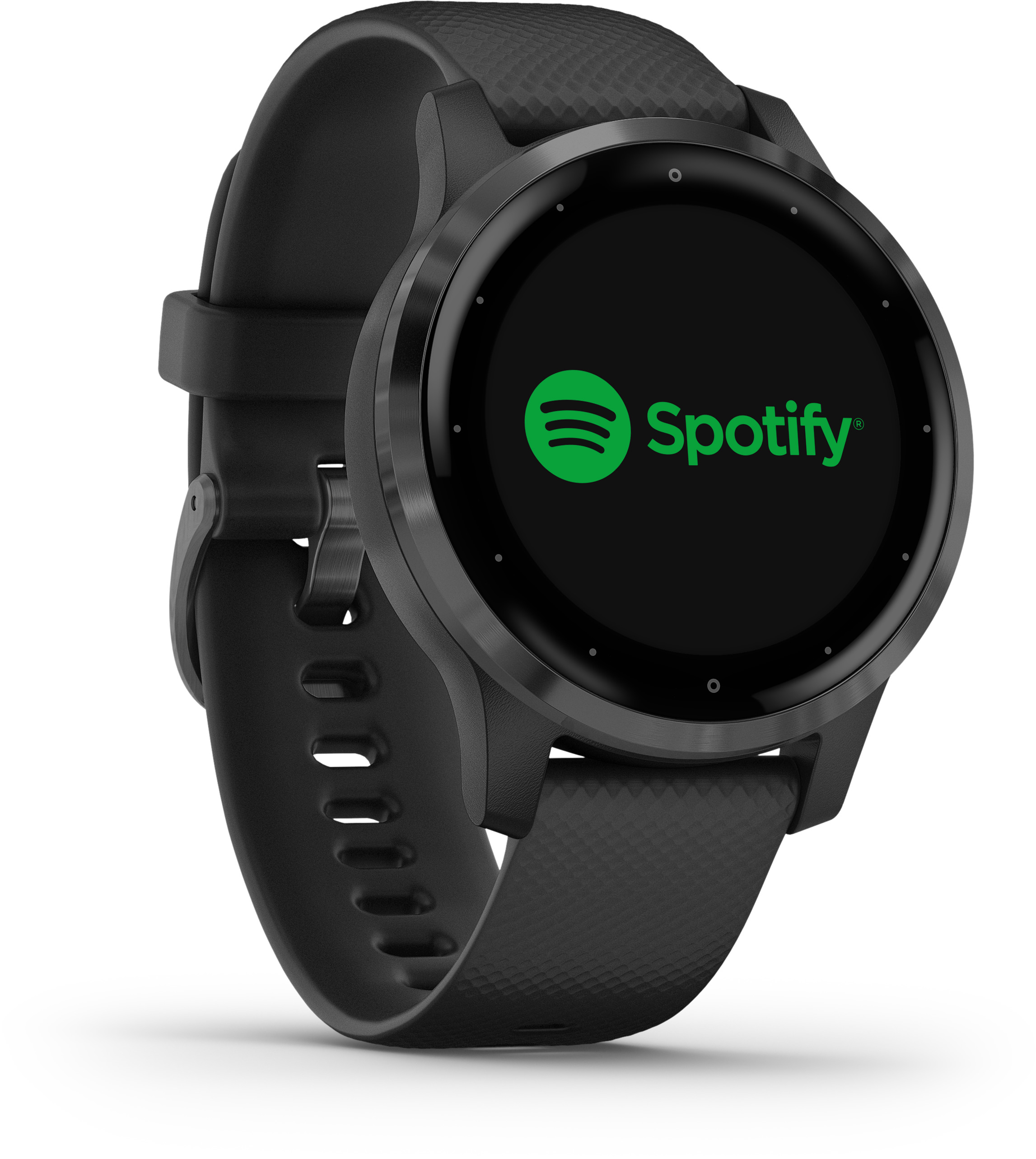 Schwarze Smartwatch mit Spotify-Logo auf dem Bildschirm. Schwarzes Armband, weißer Hintergrund. Schlankes Design, rundes Zifferblatt.