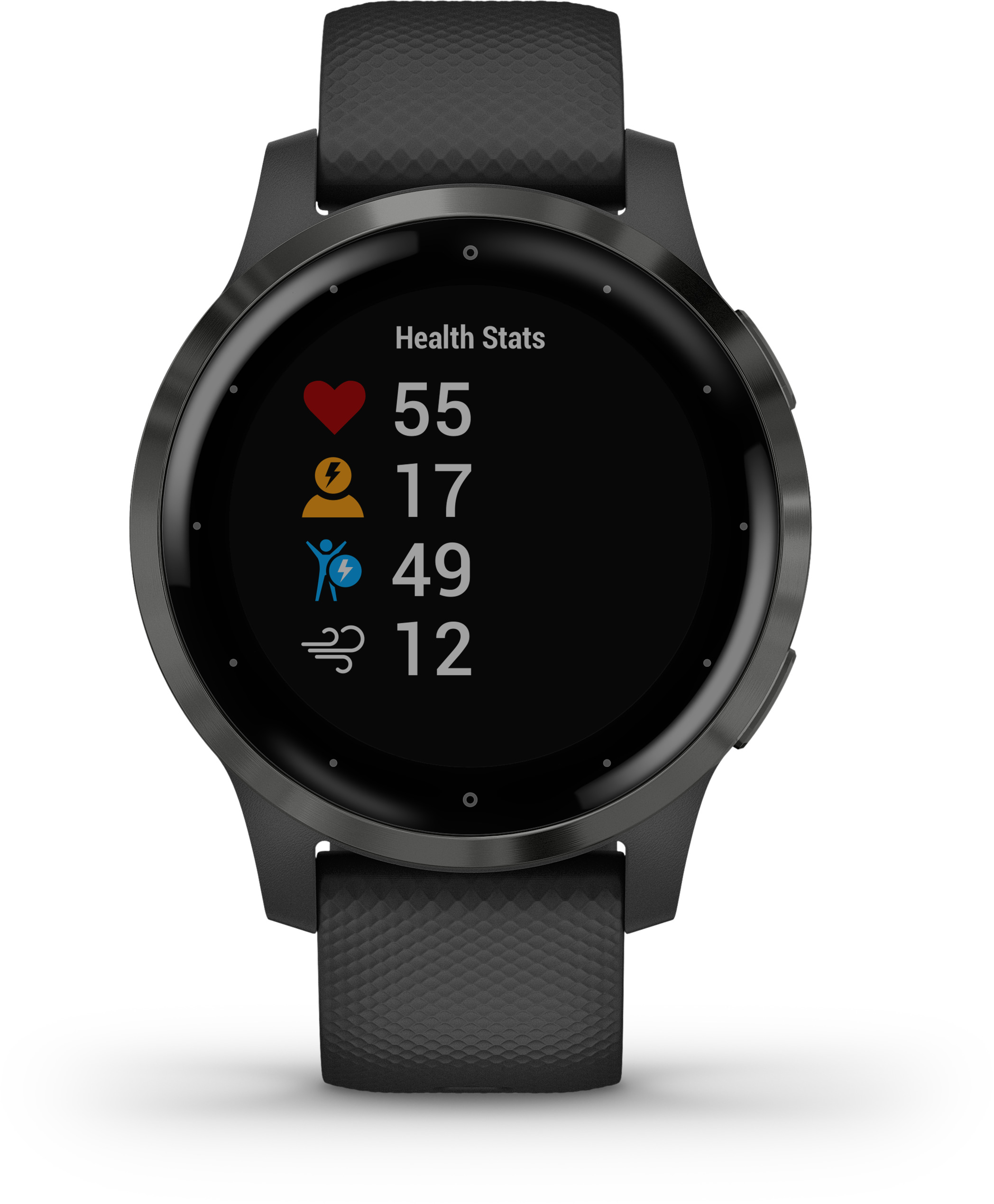Schwarze Garmin Smartwatch zeigt Gesundheitsdaten: Herzfrequenz, Energie, Aktivität.