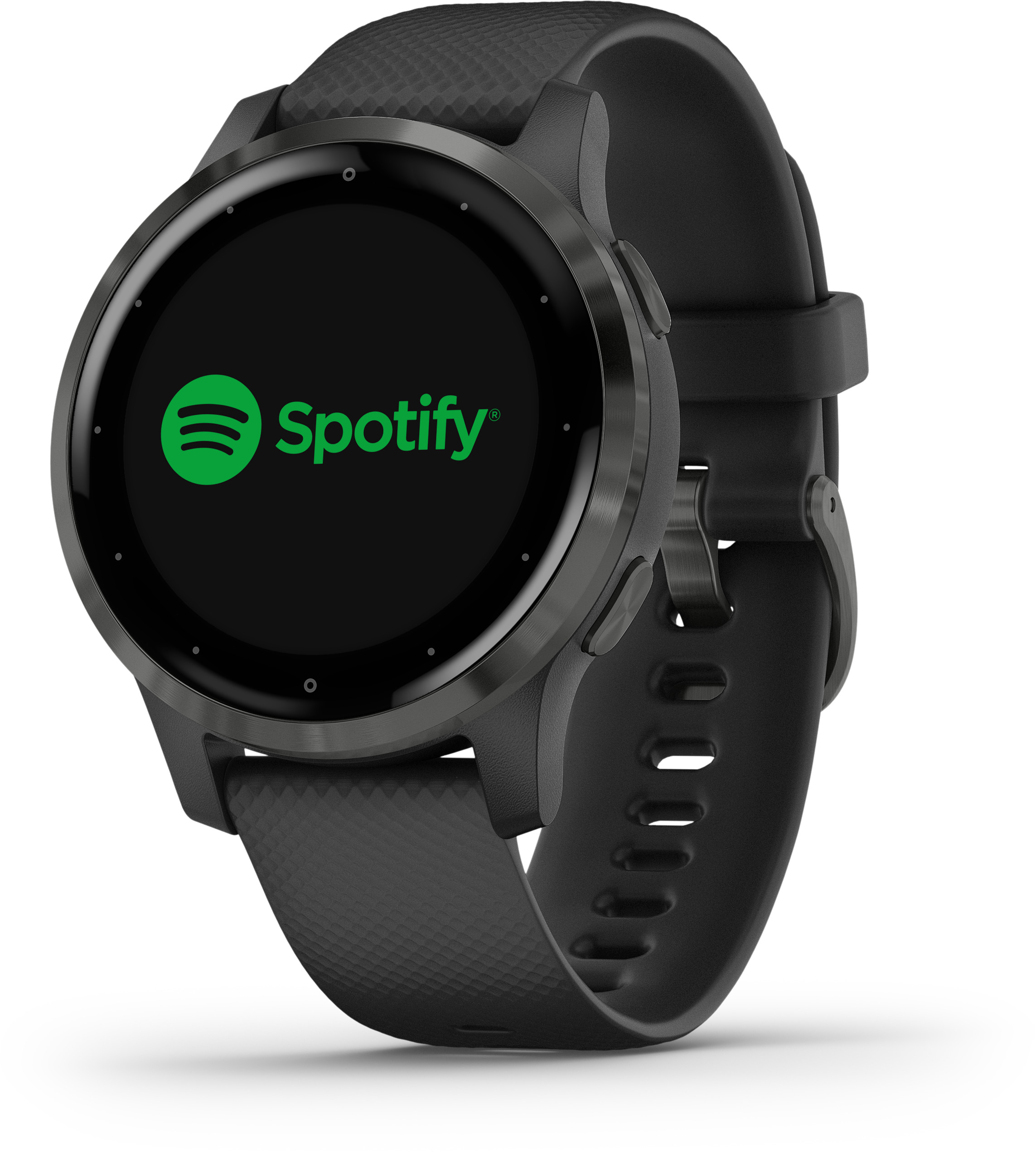 Schwarze Garmin Smartwatch mit Spotify-Logo auf dem Bildschirm. Das Armband ist schwarz.