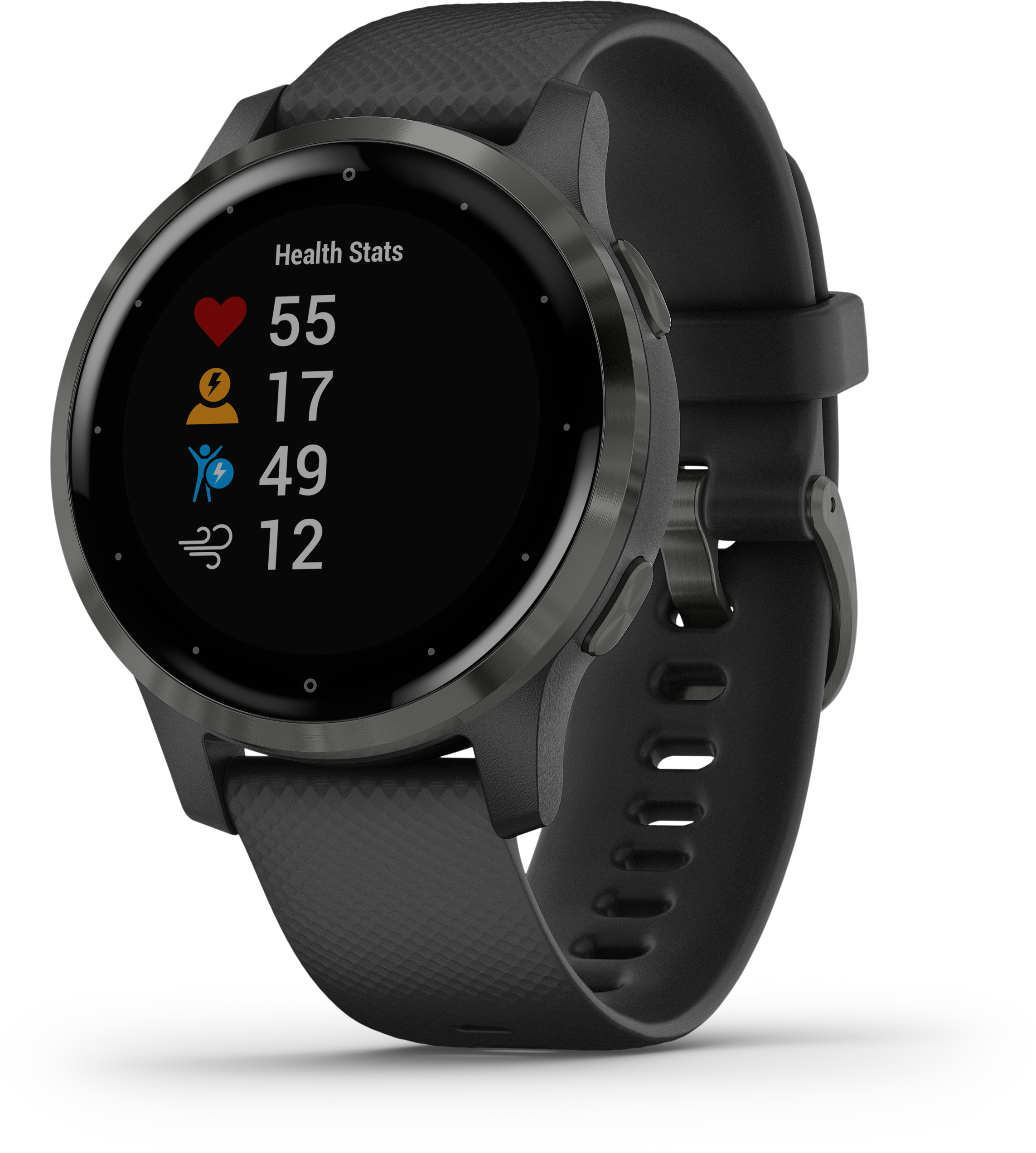 Schwarze Garmin Smartwatch mit Gesundheitsdaten auf dem Bildschirm. Ein schwarzes Band ist befestigt.