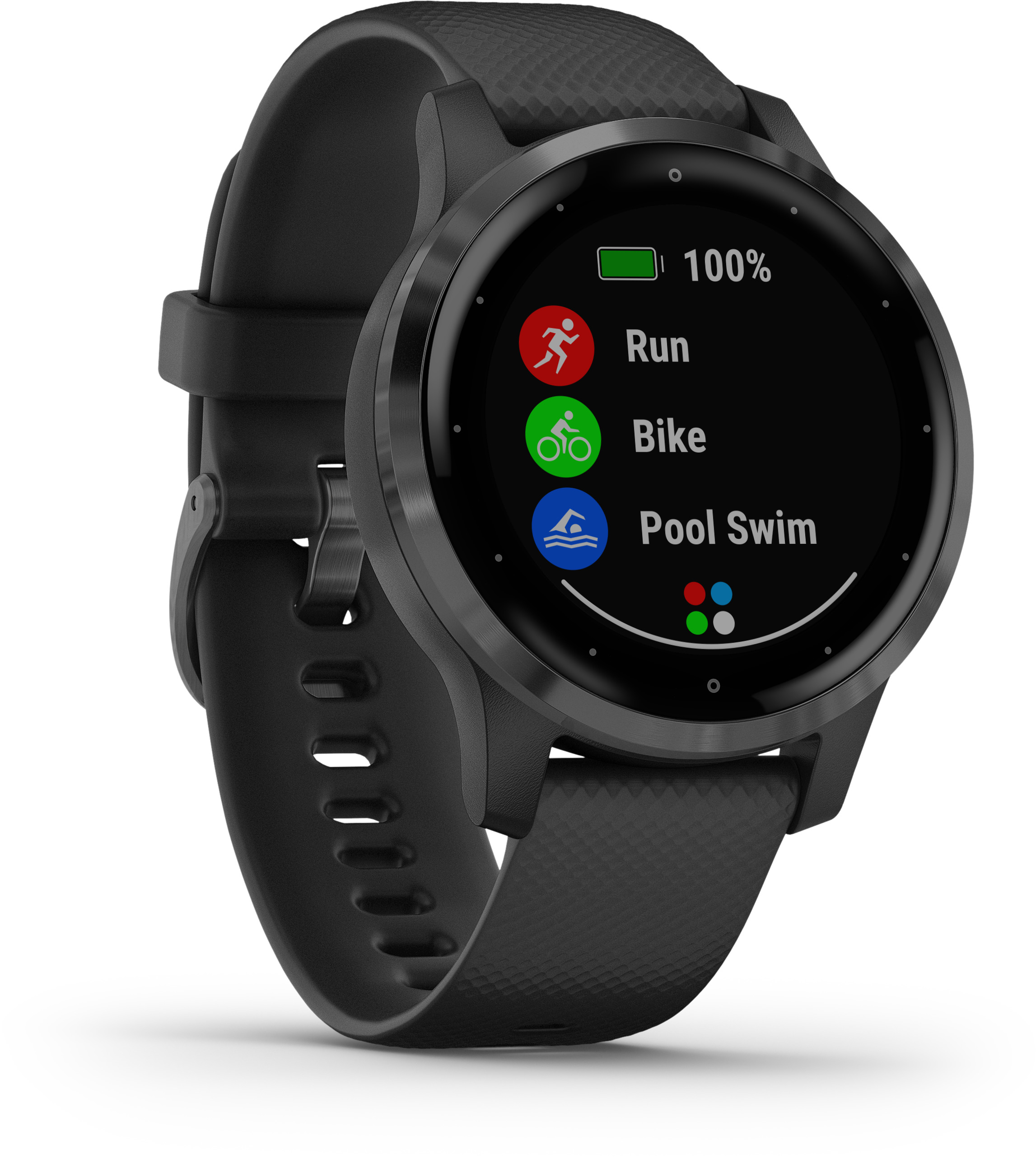 Schwarze Smartwatch mit einem Bildschirm, der Lauf-, Fahrrad- und Schwimm-Symbole anzeigt. Schwarzes Armband.