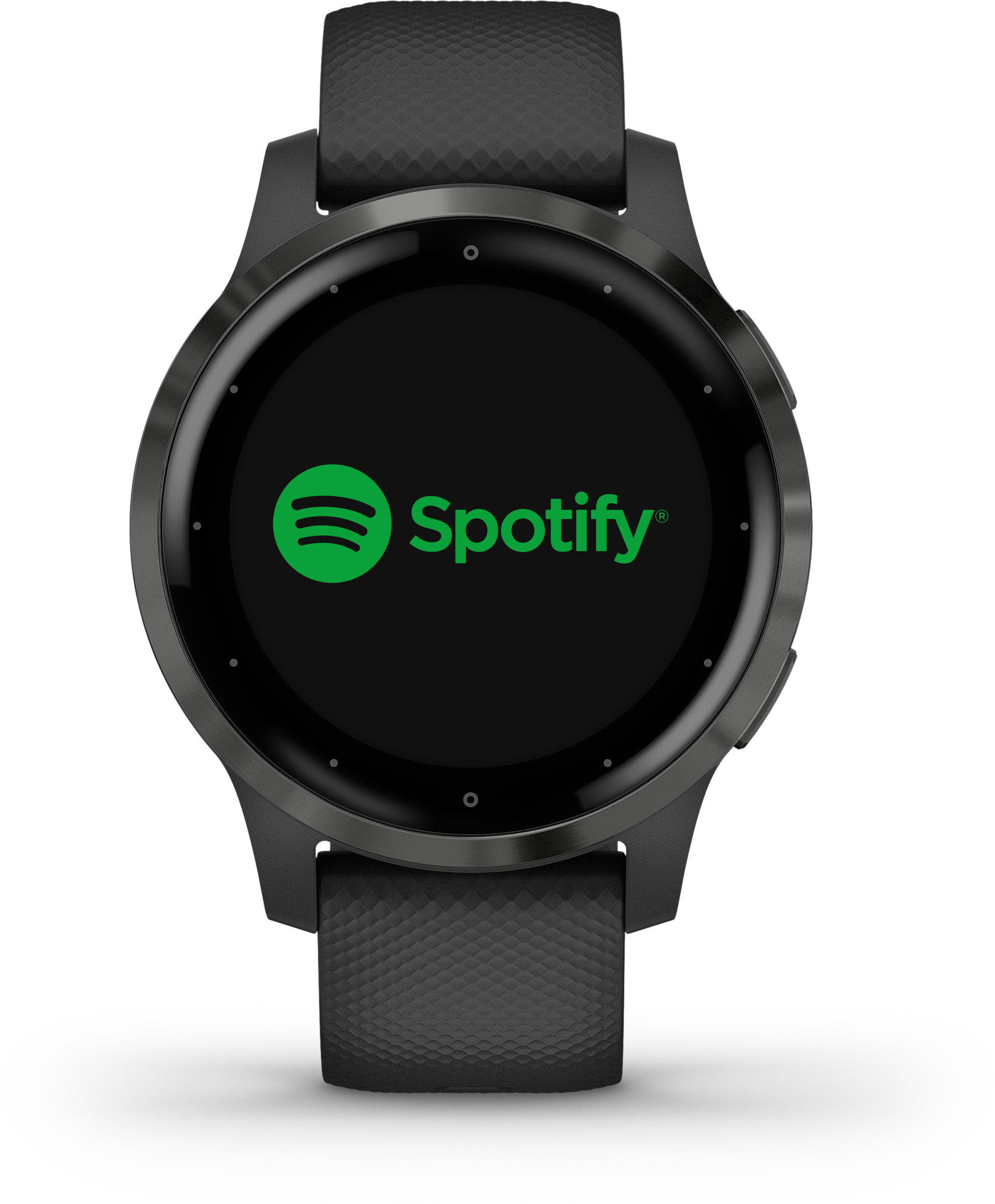 Schwarze Smartwatch mit Spotify-Logo, grün auf schwarzem Hintergrund.