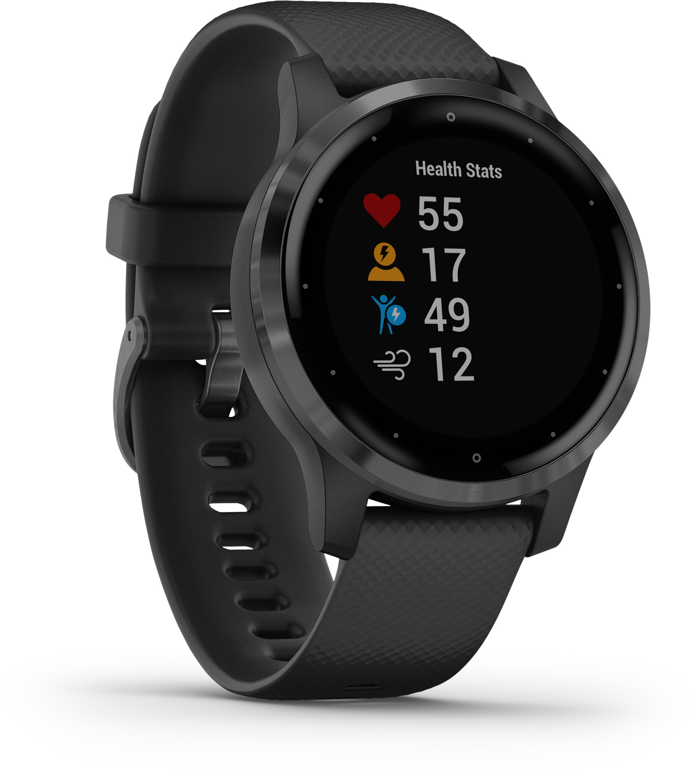Schwarze Garmin Smartwatch mit Gesundheitsdaten: Herzfrequenz 55, Energie 17, Aktivität 49, Wind 12.