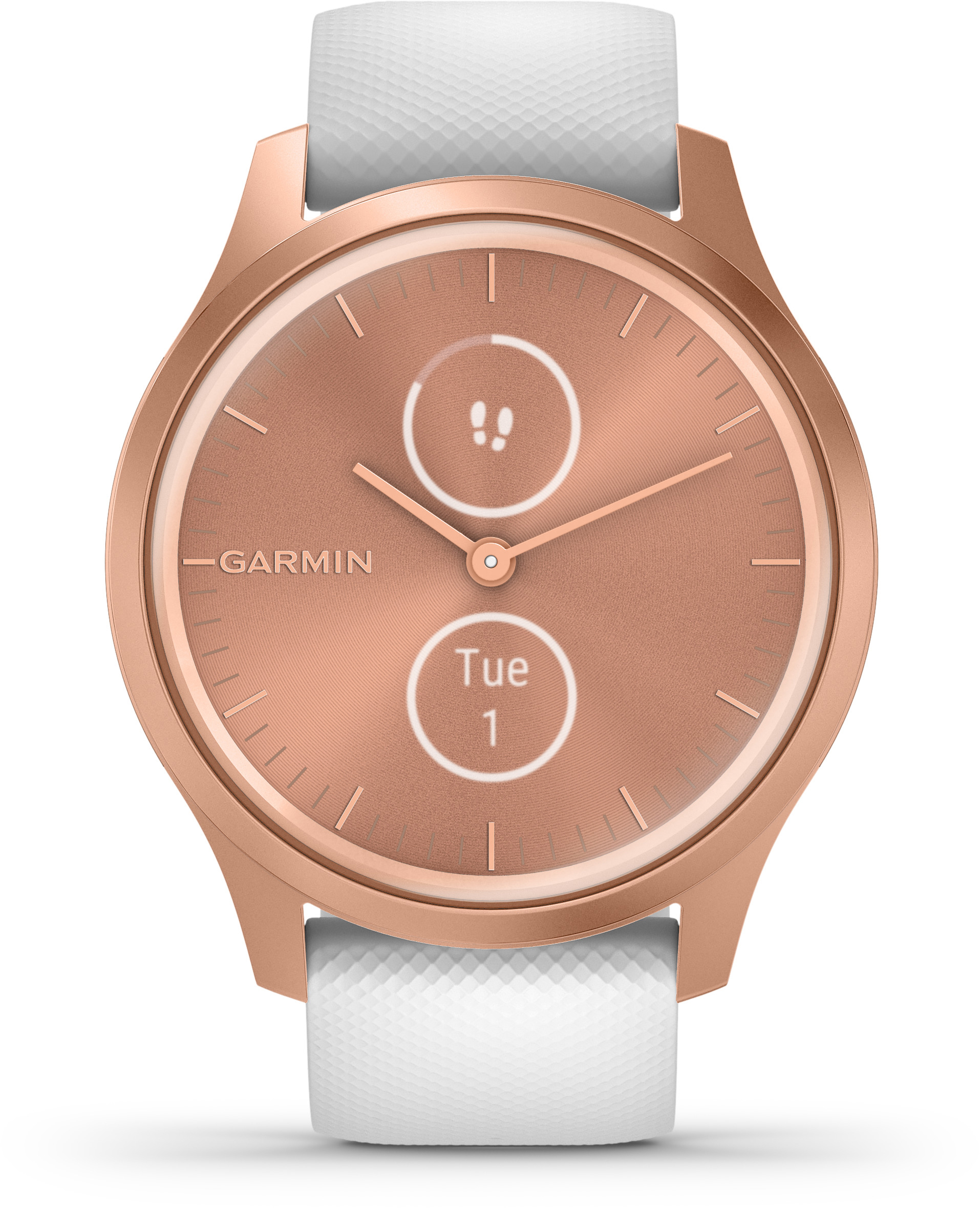 Eine roségoldene Garmin-Uhr mit weißem Armband, die Datum und Schritte anzeigt.