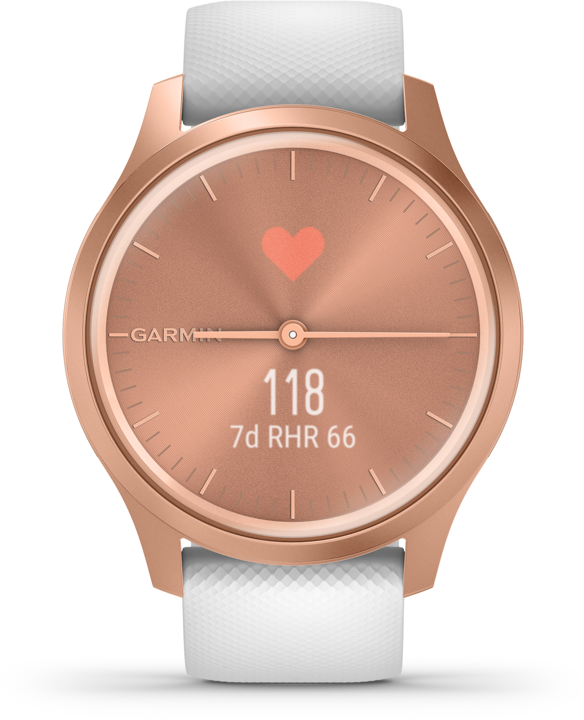 Roségoldene Smartwatch mit weißem Armband, die Herzfrequenz und andere Daten anzeigt.