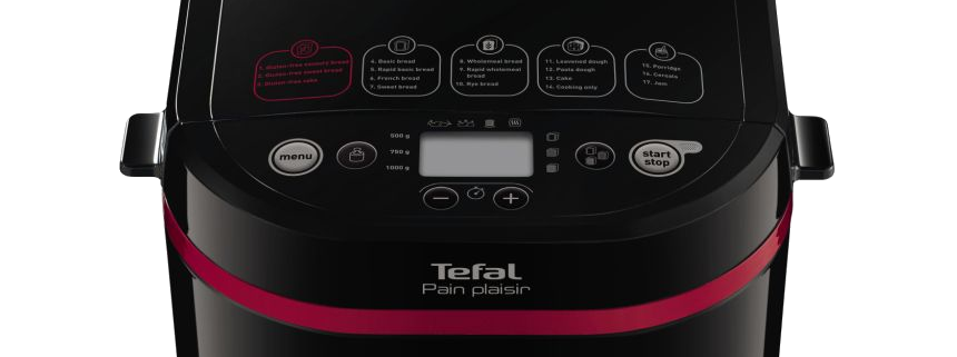 Fekete kenyérsütő gép piros díszítéssel, digitális kijelzővel, gombokkal és menüpontokkal.