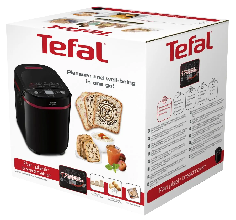 Tefal kenyérsütő a dobozában. A dobozon kenyérképek és szöveg látható a készülékről.