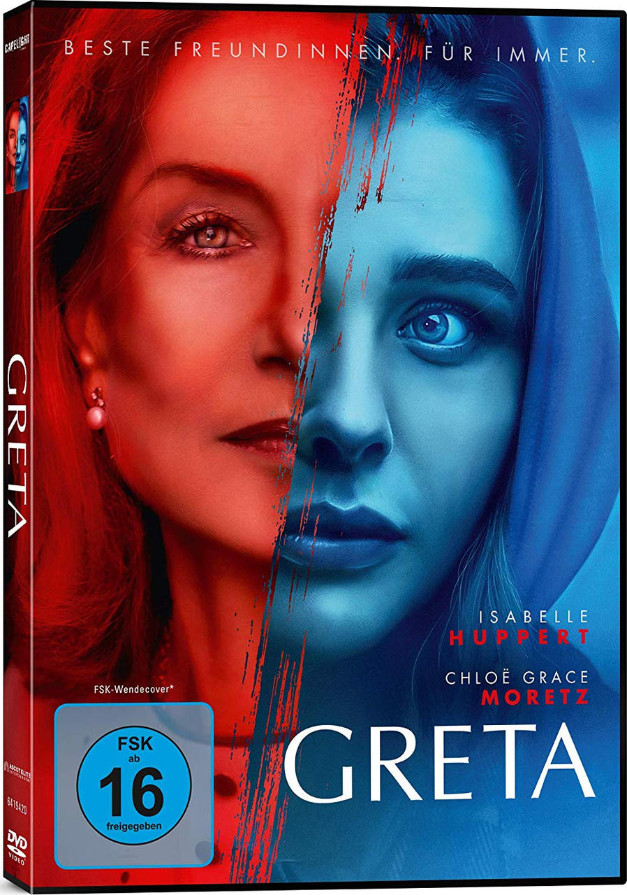 DVD-Hülle mit einem Frauengesicht, das in Rot und Blau geteilt ist. Titel ist 'Greta', auch Isabelle Huppert.