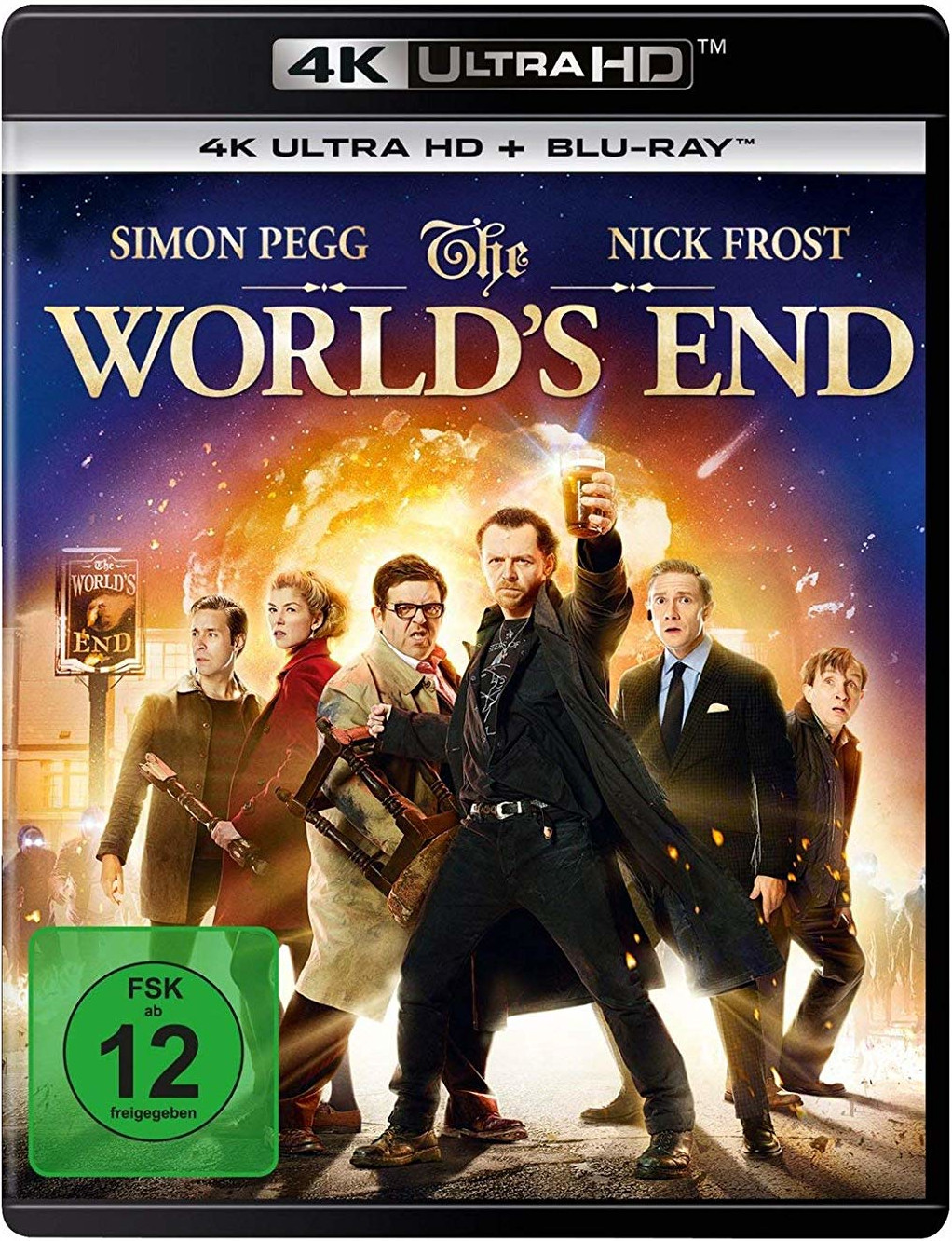 Pochette du DVD The World's End. Groupe d'hommes, scène de bar, titre : 4K ULTRA HD. Logo FSK 12 présent.
