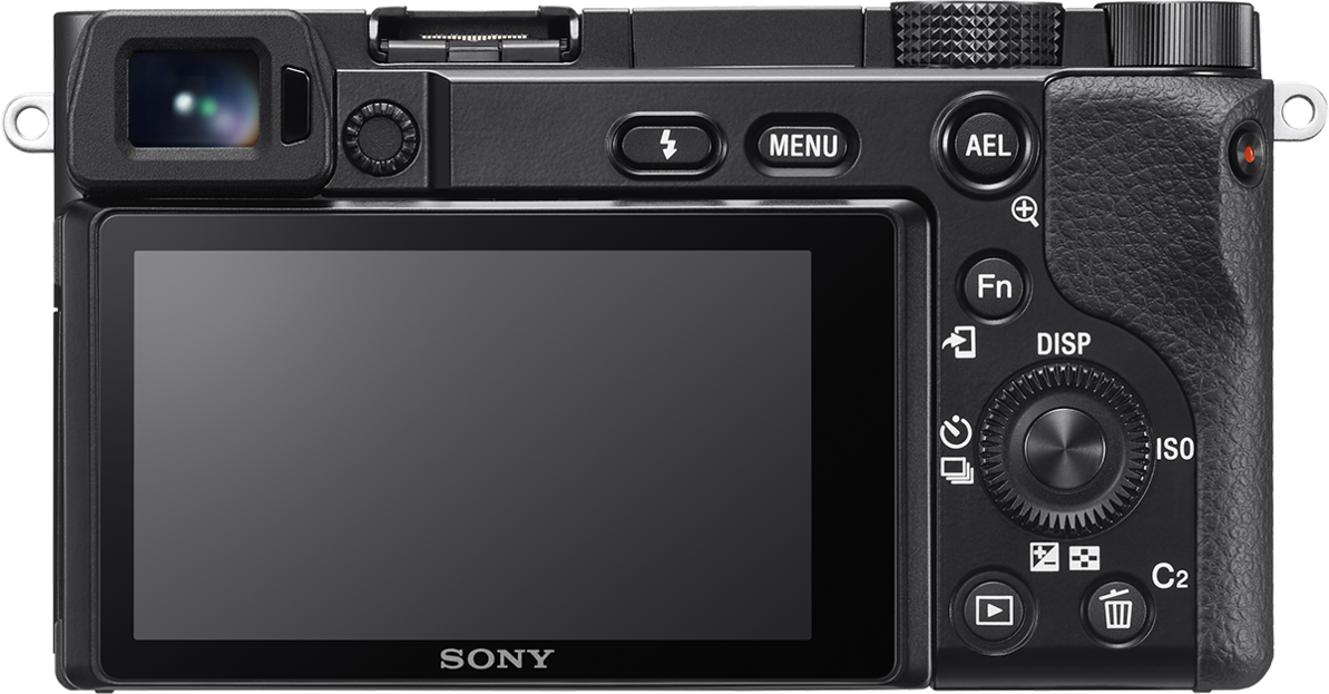 Il retro di una fotocamera Sony nera con pulsanti, schermo e flash.