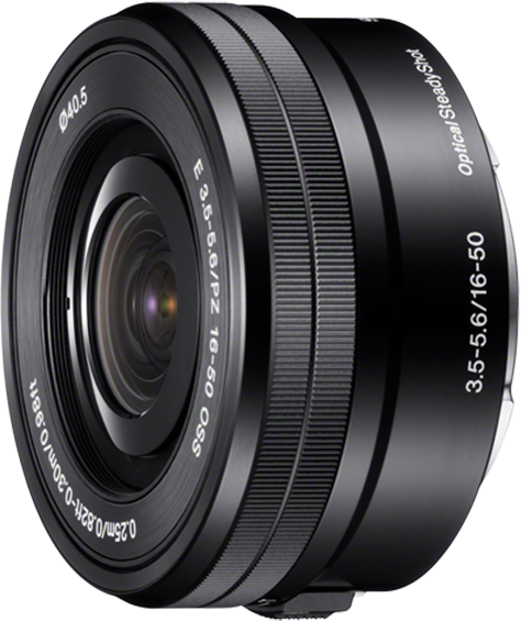 Obiettivo della fotocamera nero, con impostazioni multiple e il suo nome stampato.