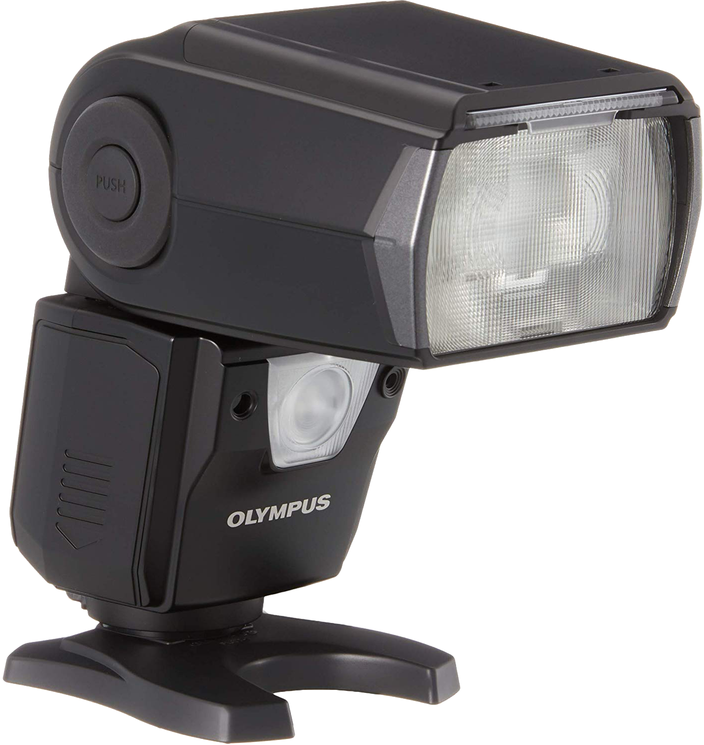 Zwarte Olympus flitser met drukknop en licht.